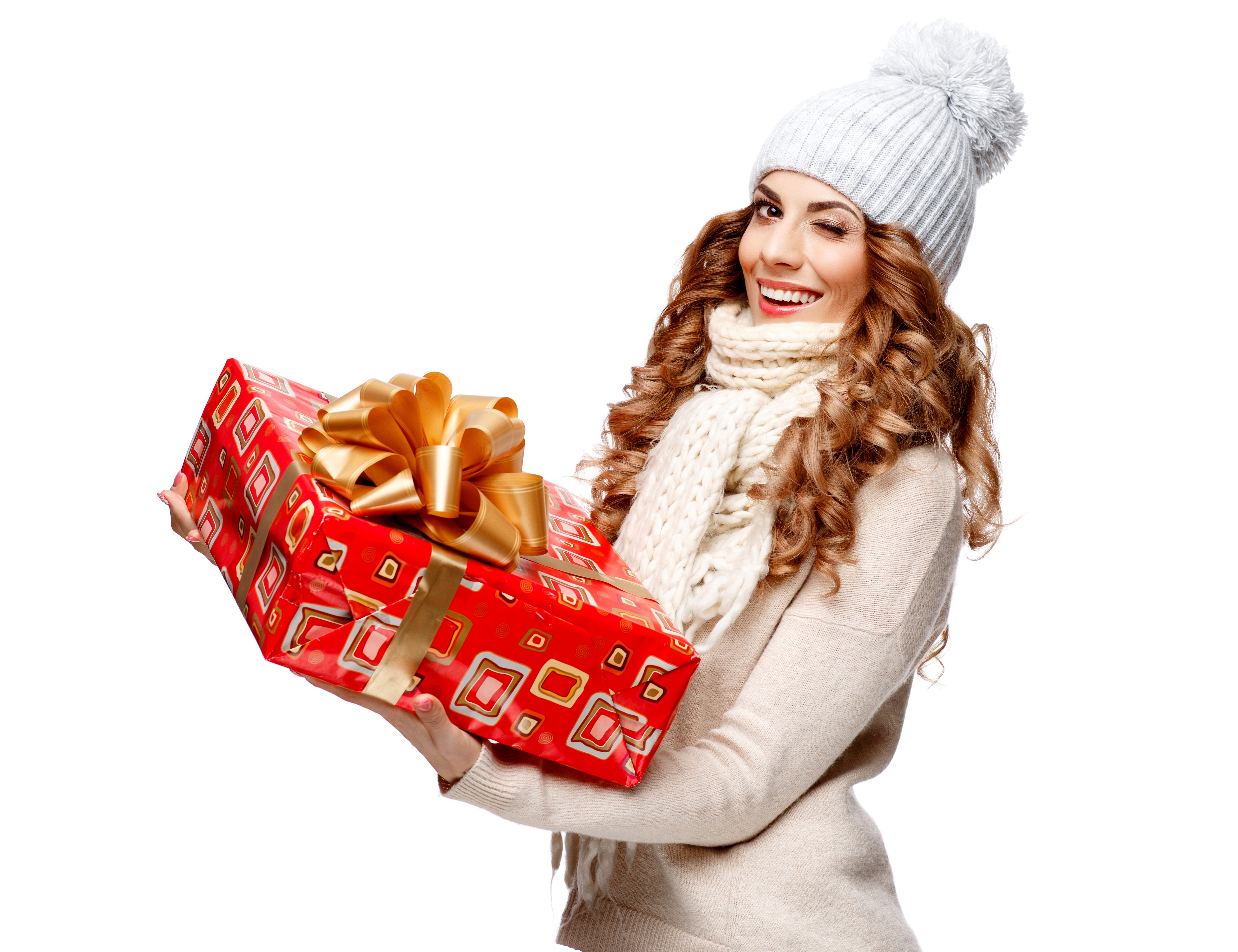 Woman in Winter Hat Holding a Gift HD Wallpaper