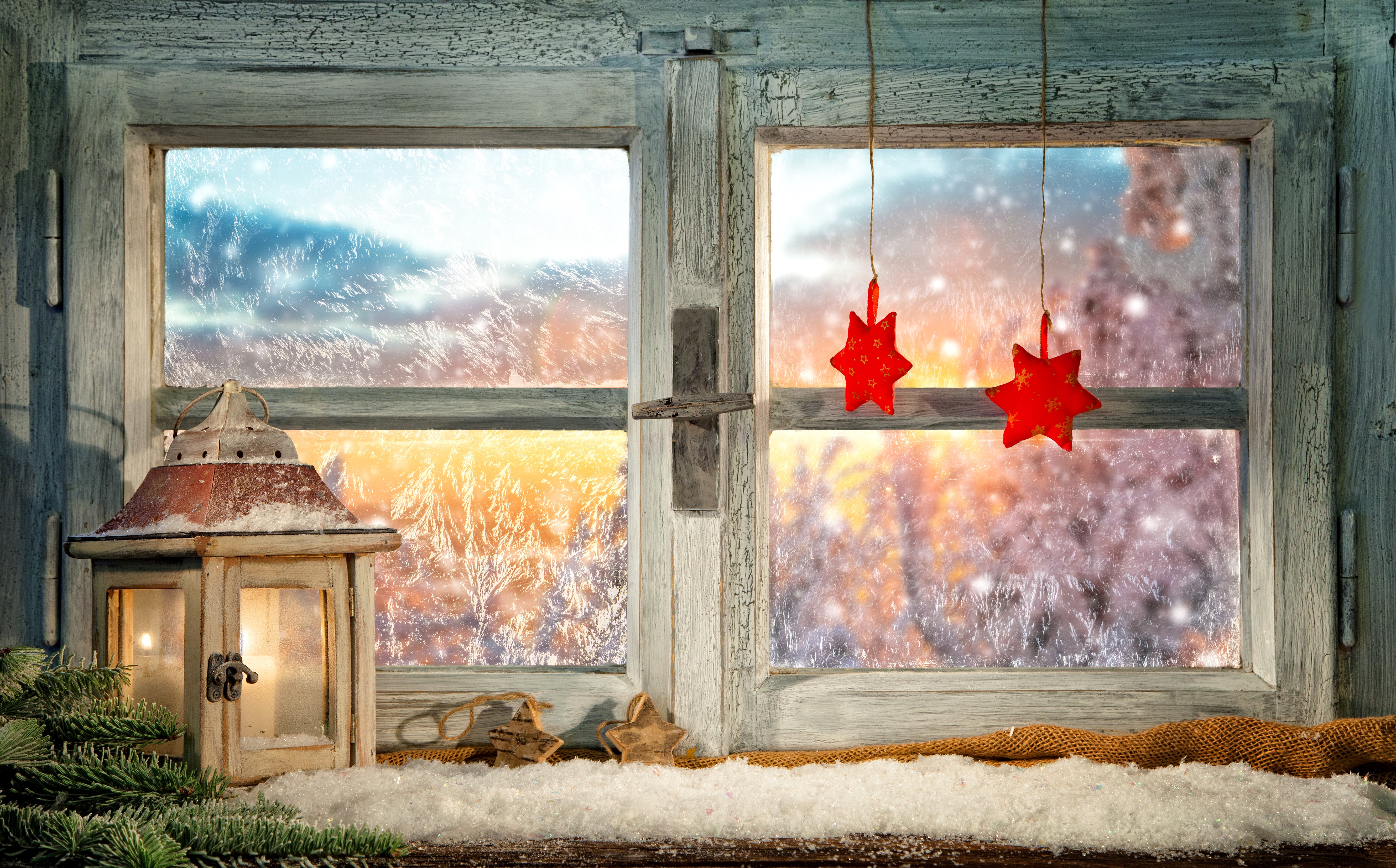 Christmas window with lantern and ornaments HD Wallpaper