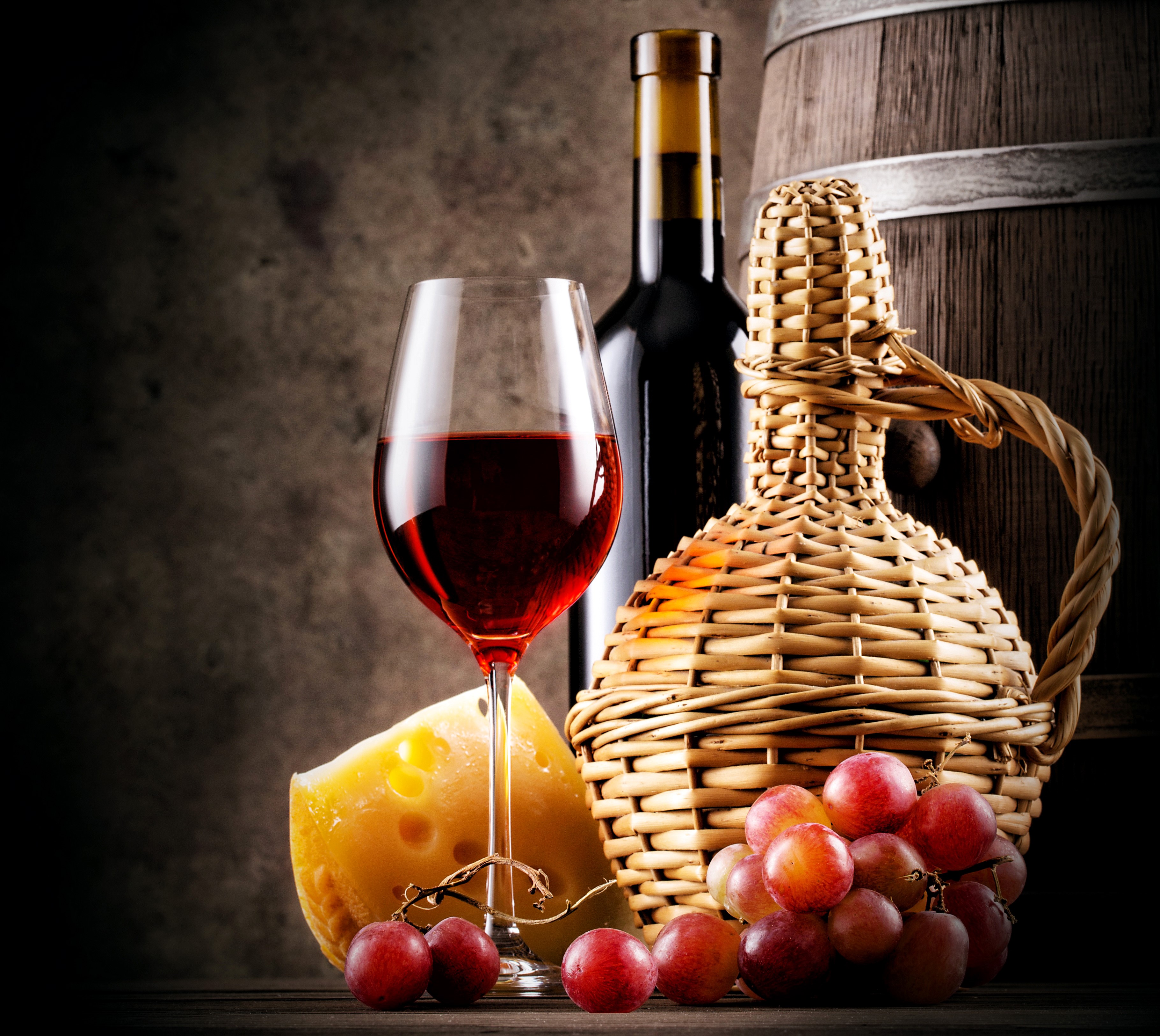 Wine bottle, glass, grapes, cheese, and barrel HD Wallpaper