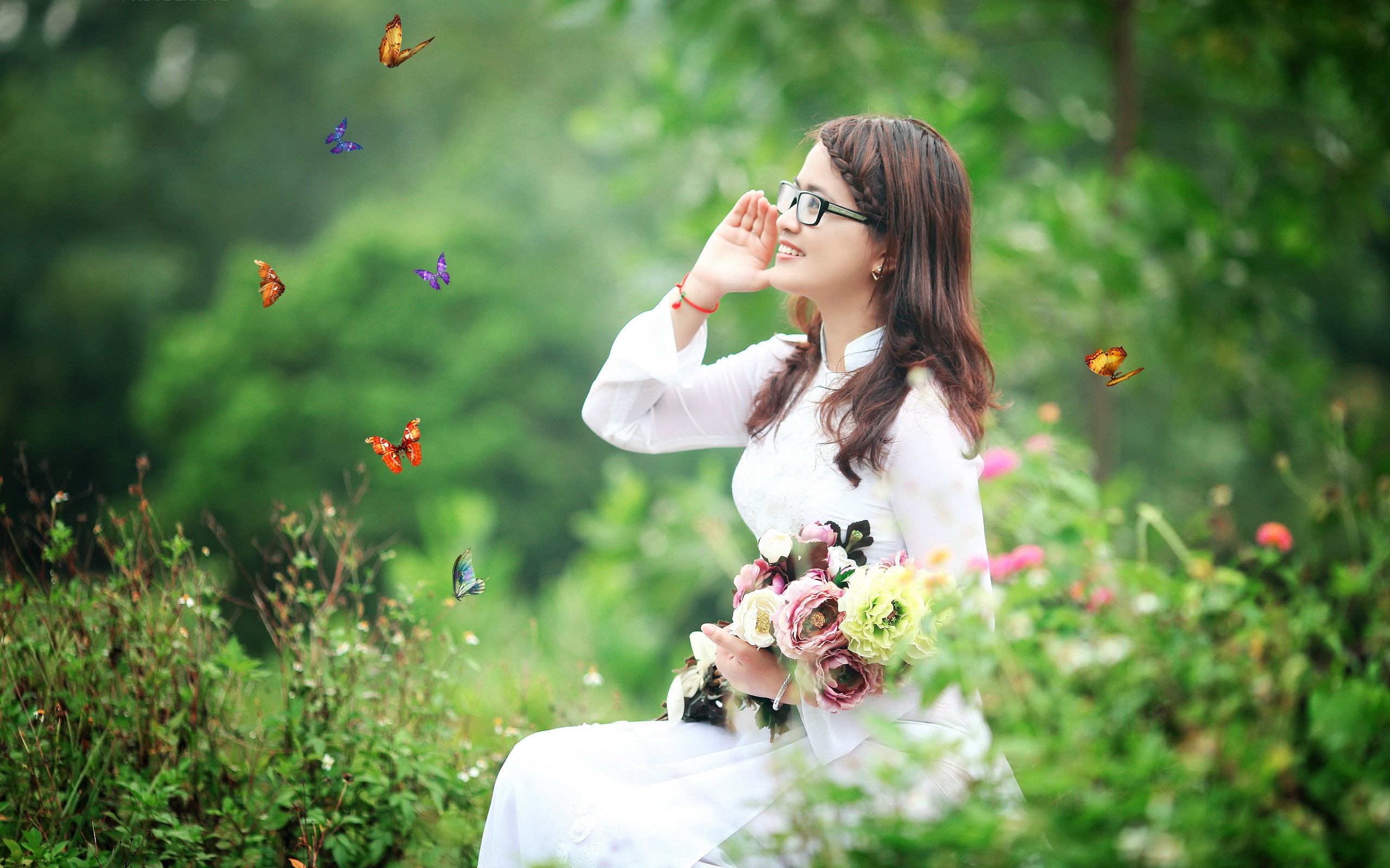 Woman in white dress with flowers and butterflies HD Wallpaper