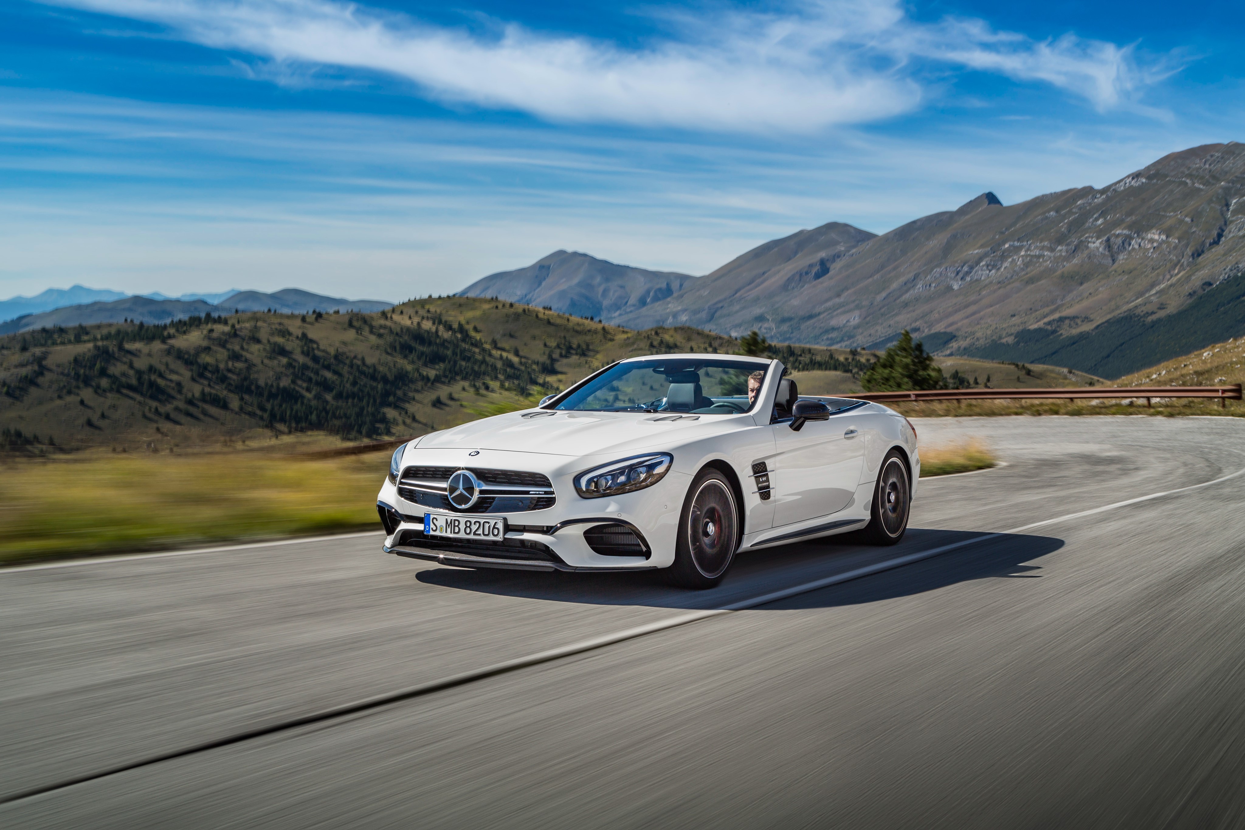 White Mercedes-Benz AMG SL-Class Cabriolet on Mountain Road HD Wallpaper