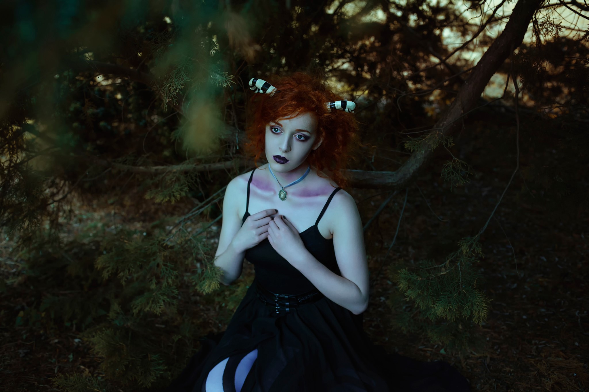 Redhead girl with horns in a forest HD Wallpaper