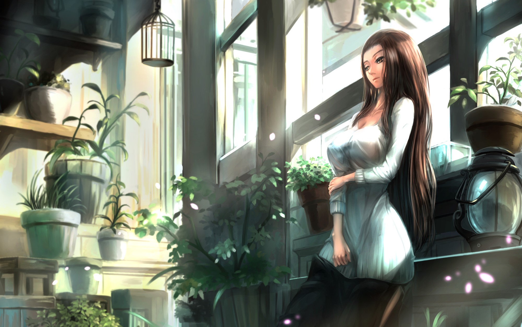Anime girl with long brown hair in a white dress HD Wallpaper