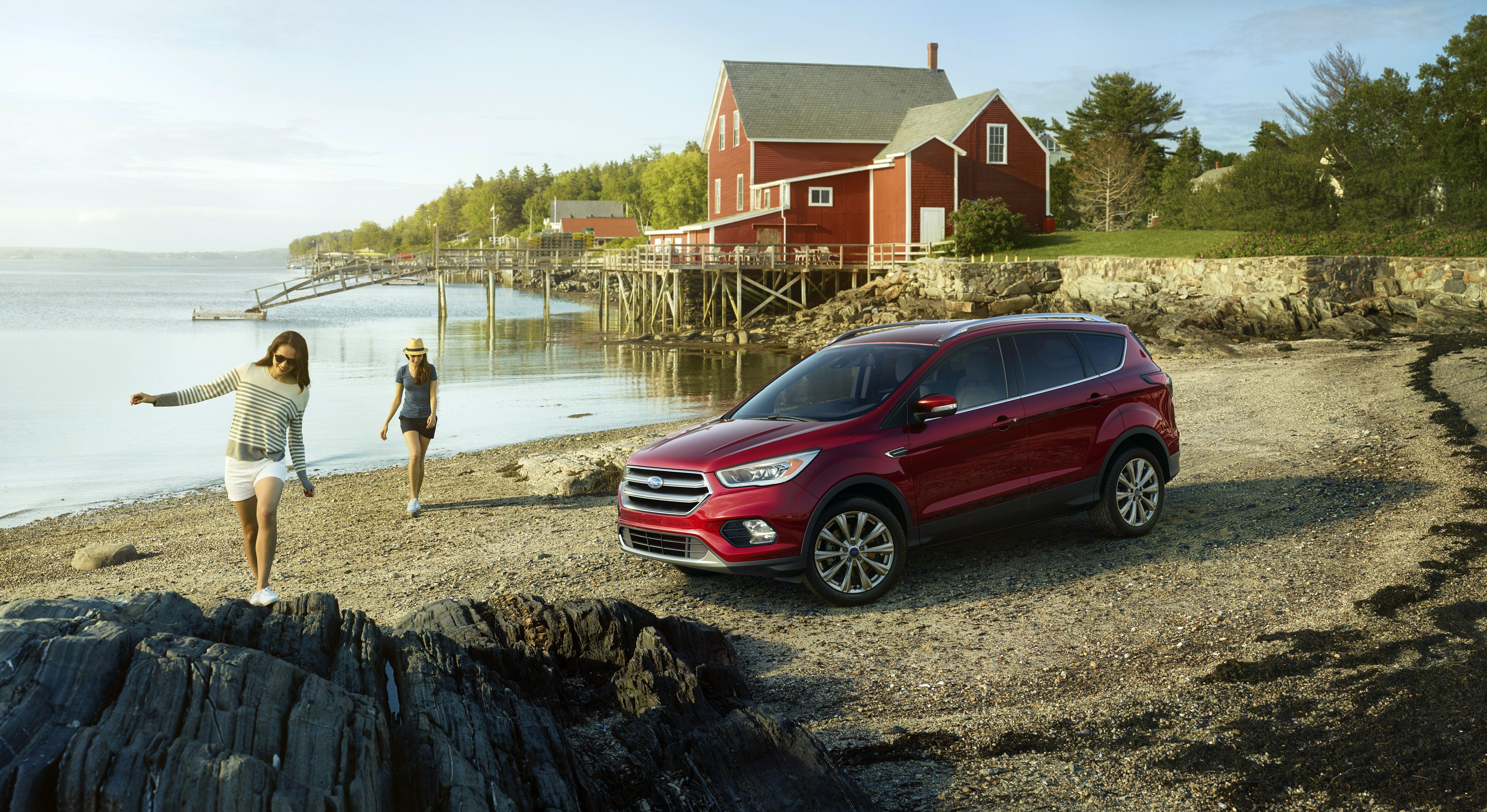 Ford Escape Wine Color Car on Beach with Houses HD Wallpaper