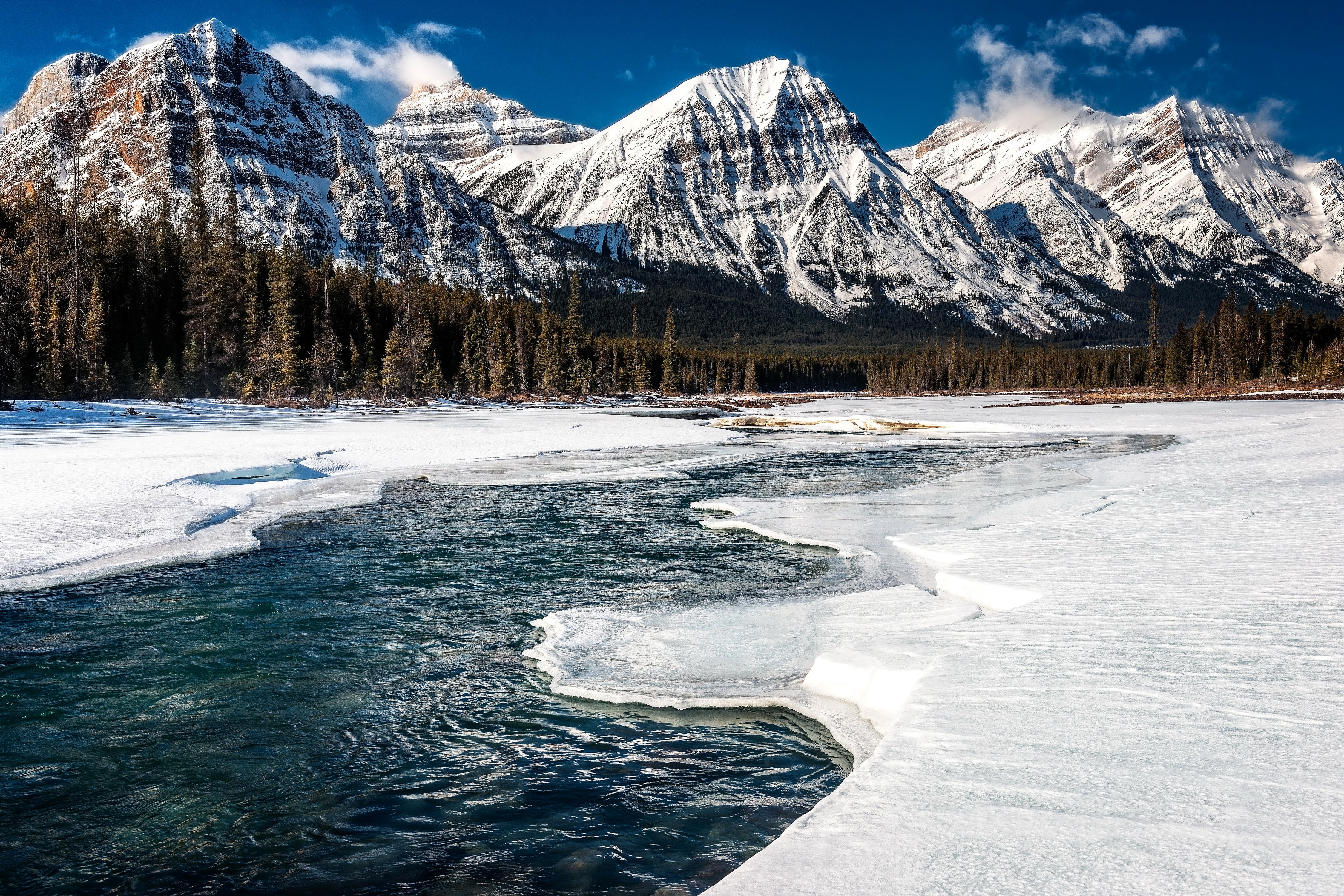 Snowy Mountains and River in Jasper National Park, Canada HD Wallpaper