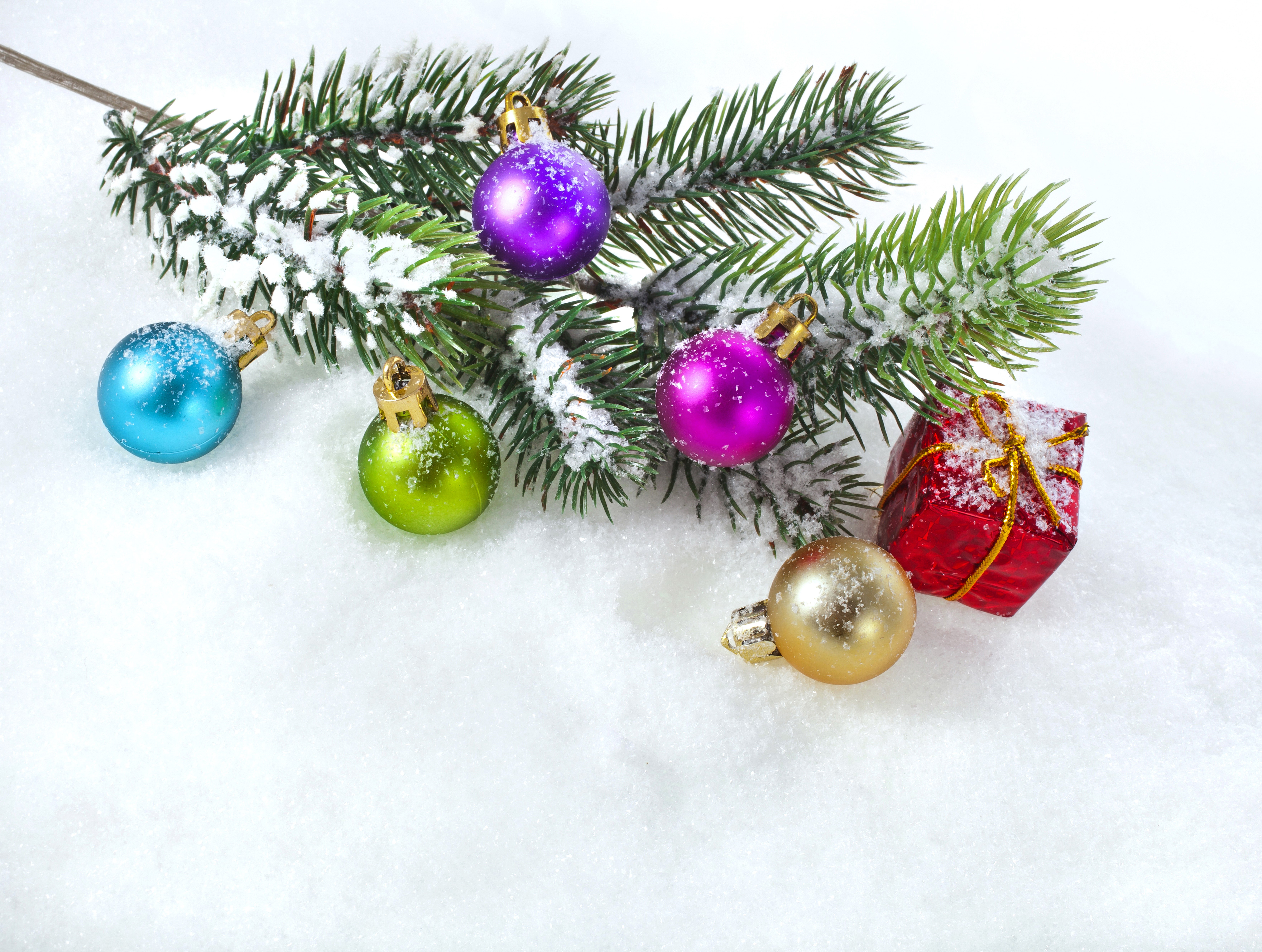 Christmas Ornaments on Snowy Pine Branch HD Wallpaper