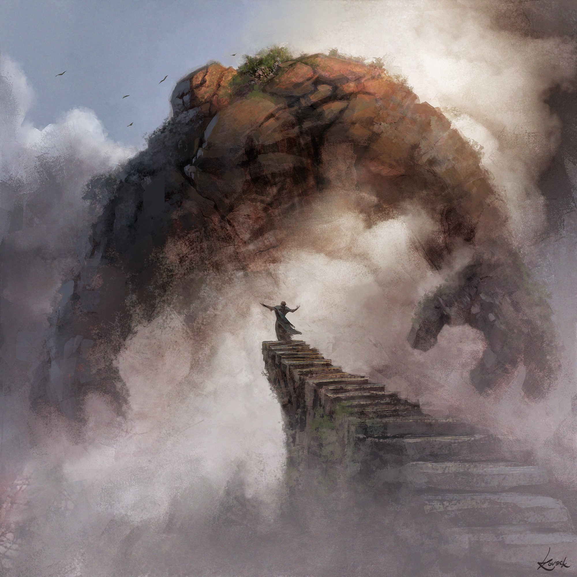 Giant rock monster and person on stairs HD Wallpaper