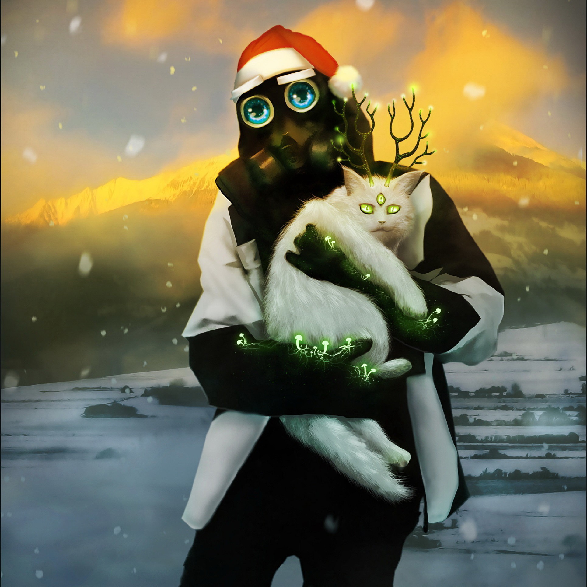 Person in gas mask holding a cat with antlers HD Wallpaper