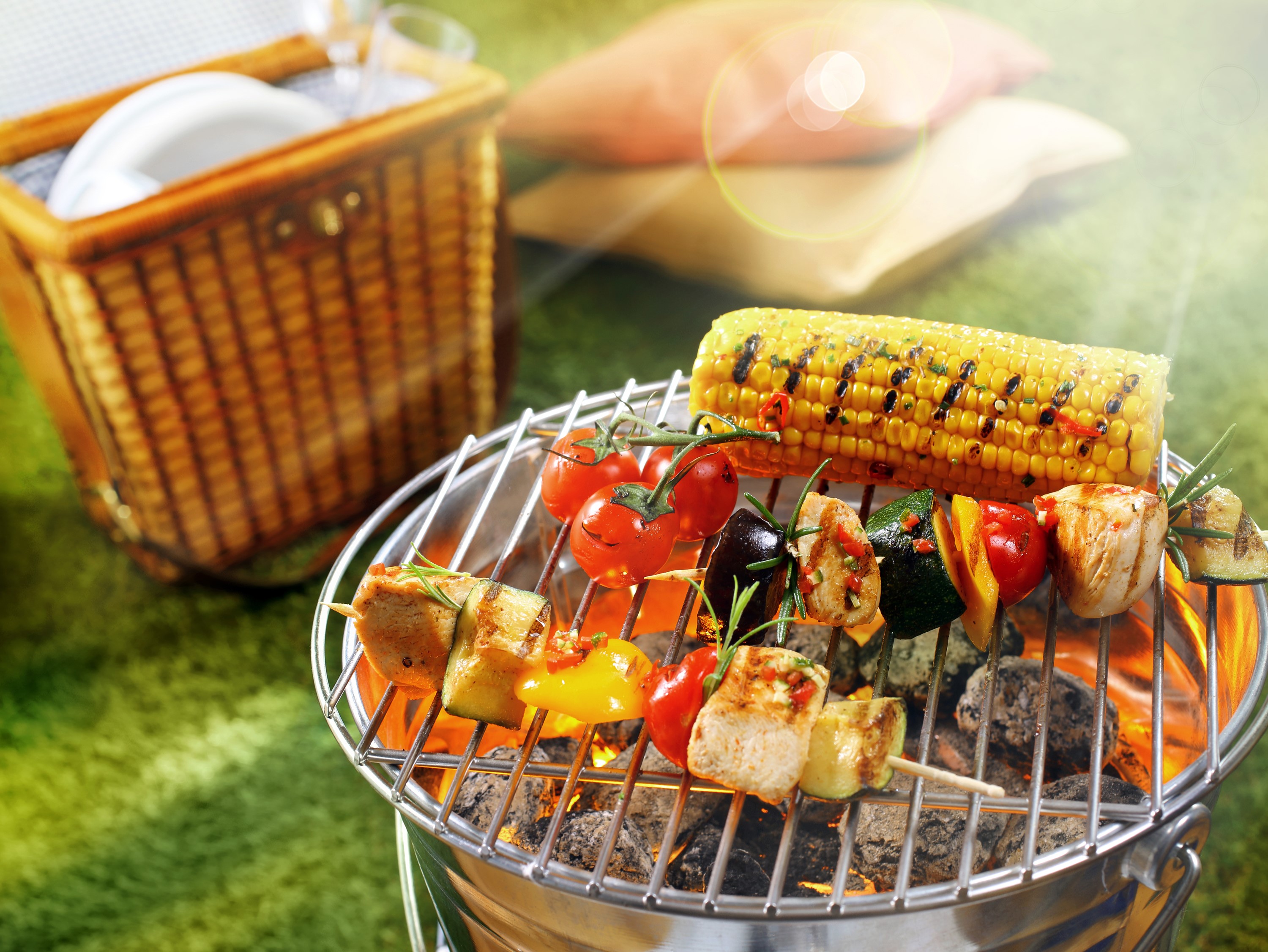 Barbecue with Corn, Kebabs, and Picnic Basket HD Wallpaper
