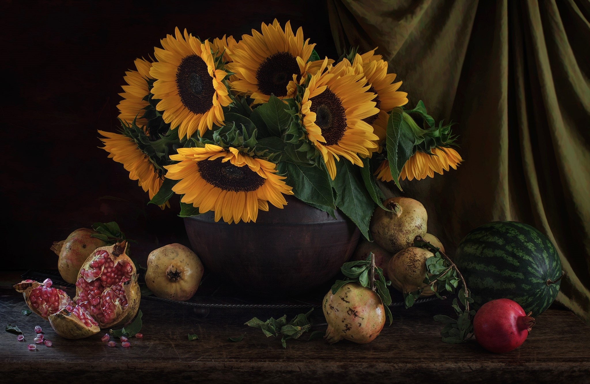 Still-life with Sunflowers, Pomegranates, and Watermelon HD Wallpaper