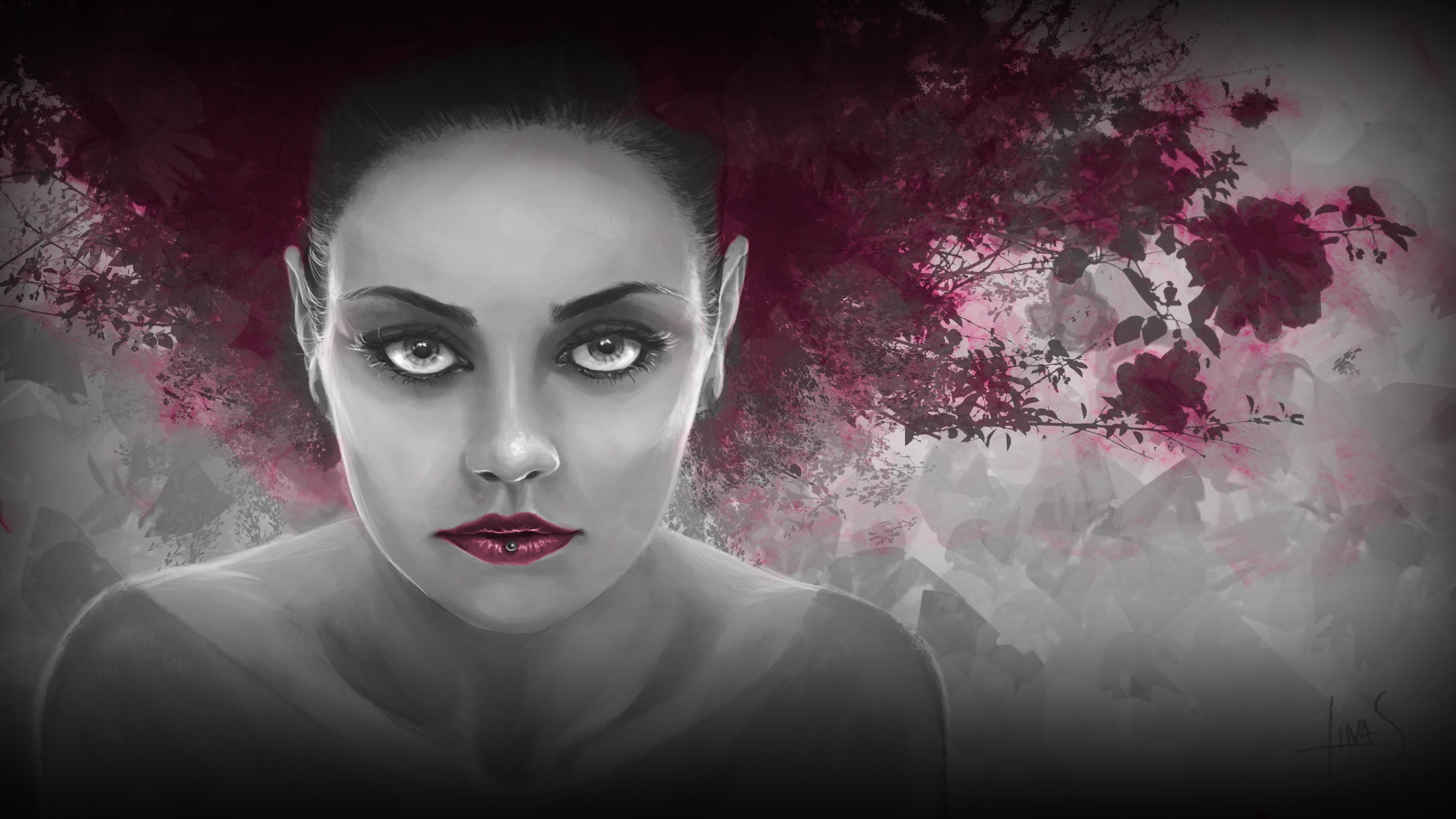 Painting of a woman's face with flowers HD Wallpaper
