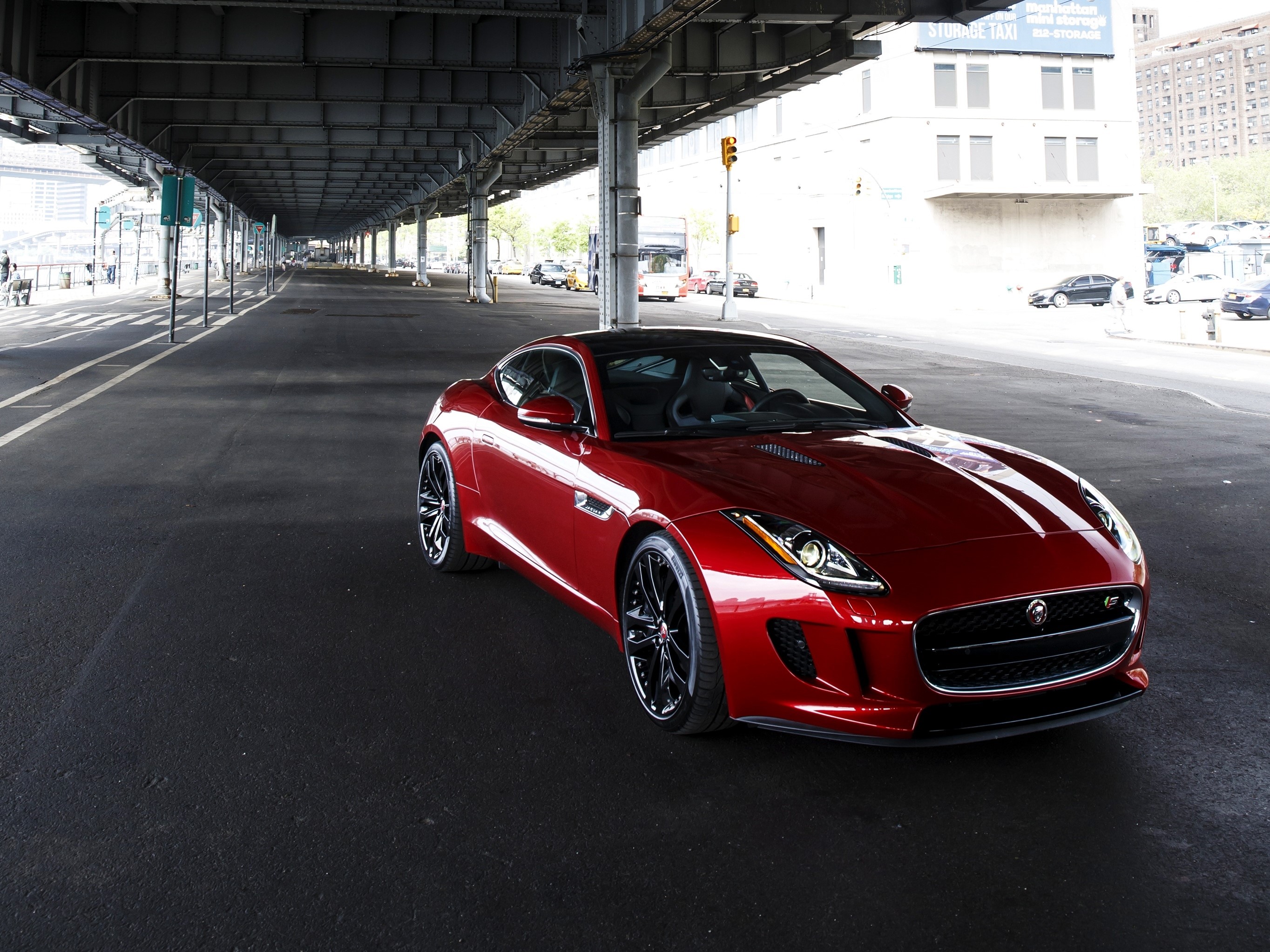 Red Jaguar F-Type S Coupe under a bridge HD Wallpaper
