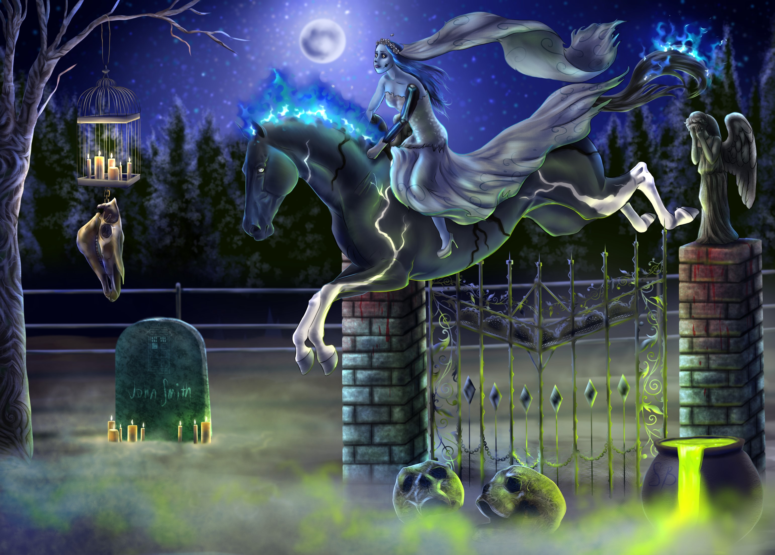 Corpse Bride Emily on a horse jumping over a fence HD Wallpaper