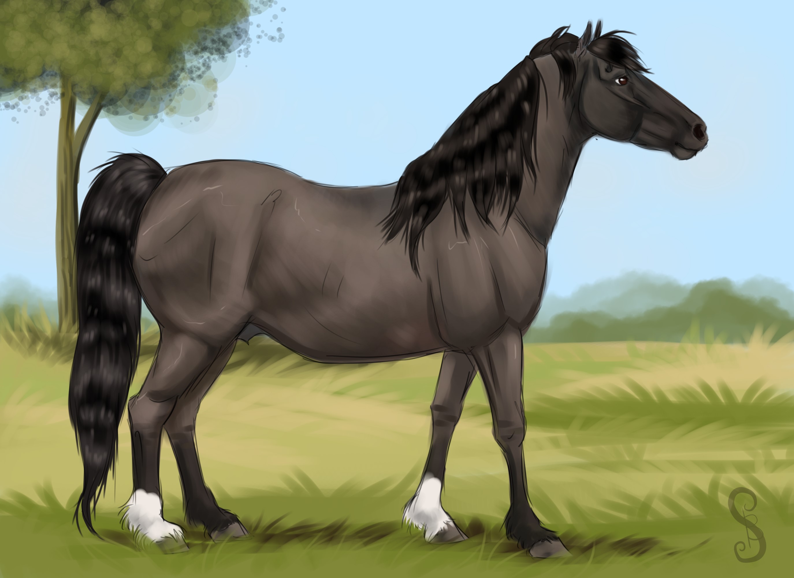 Painting of a dark horse in a field HD Wallpaper