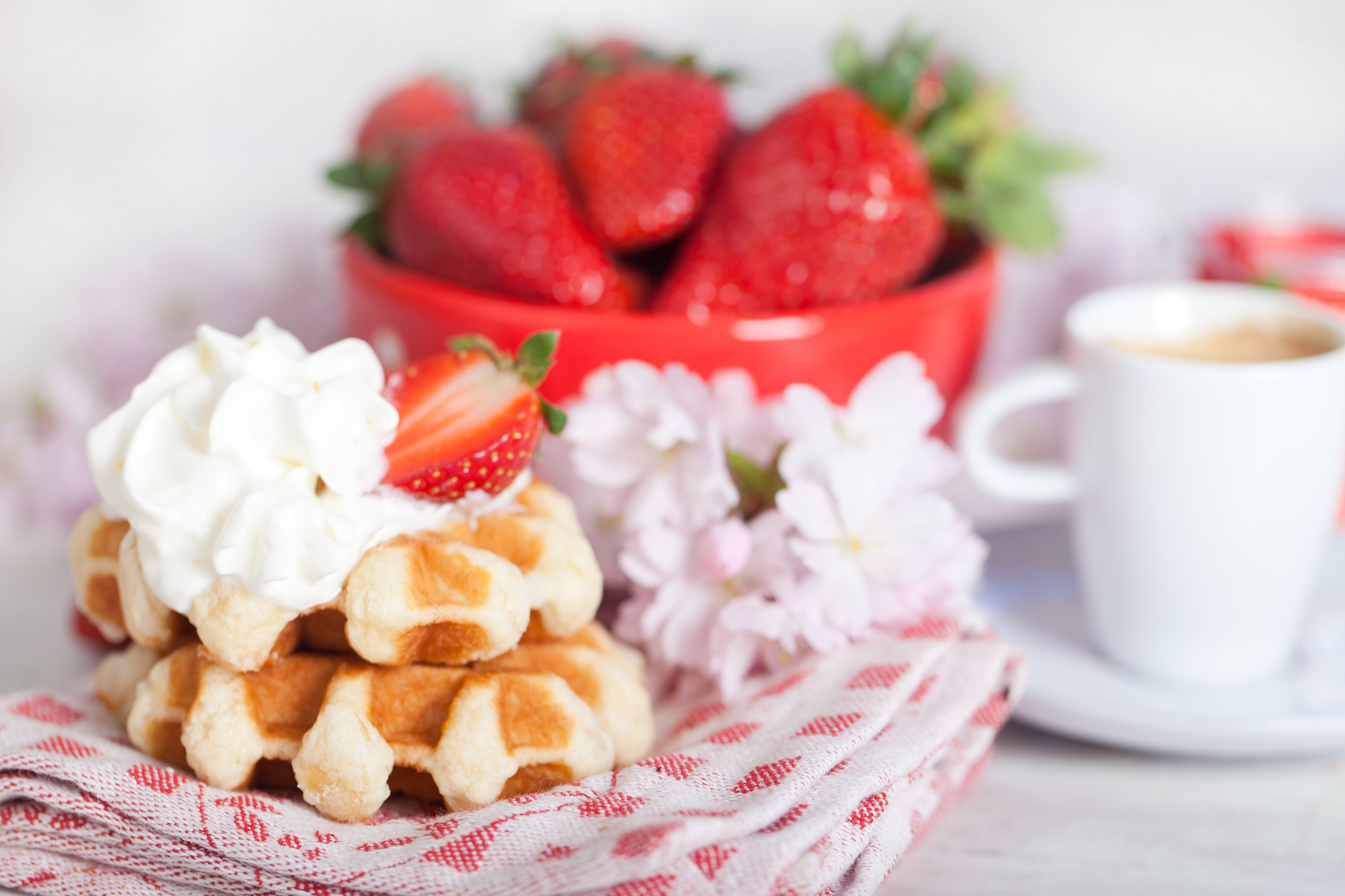 Waffles with whipped cream and strawberries, coffee HD Wallpaper