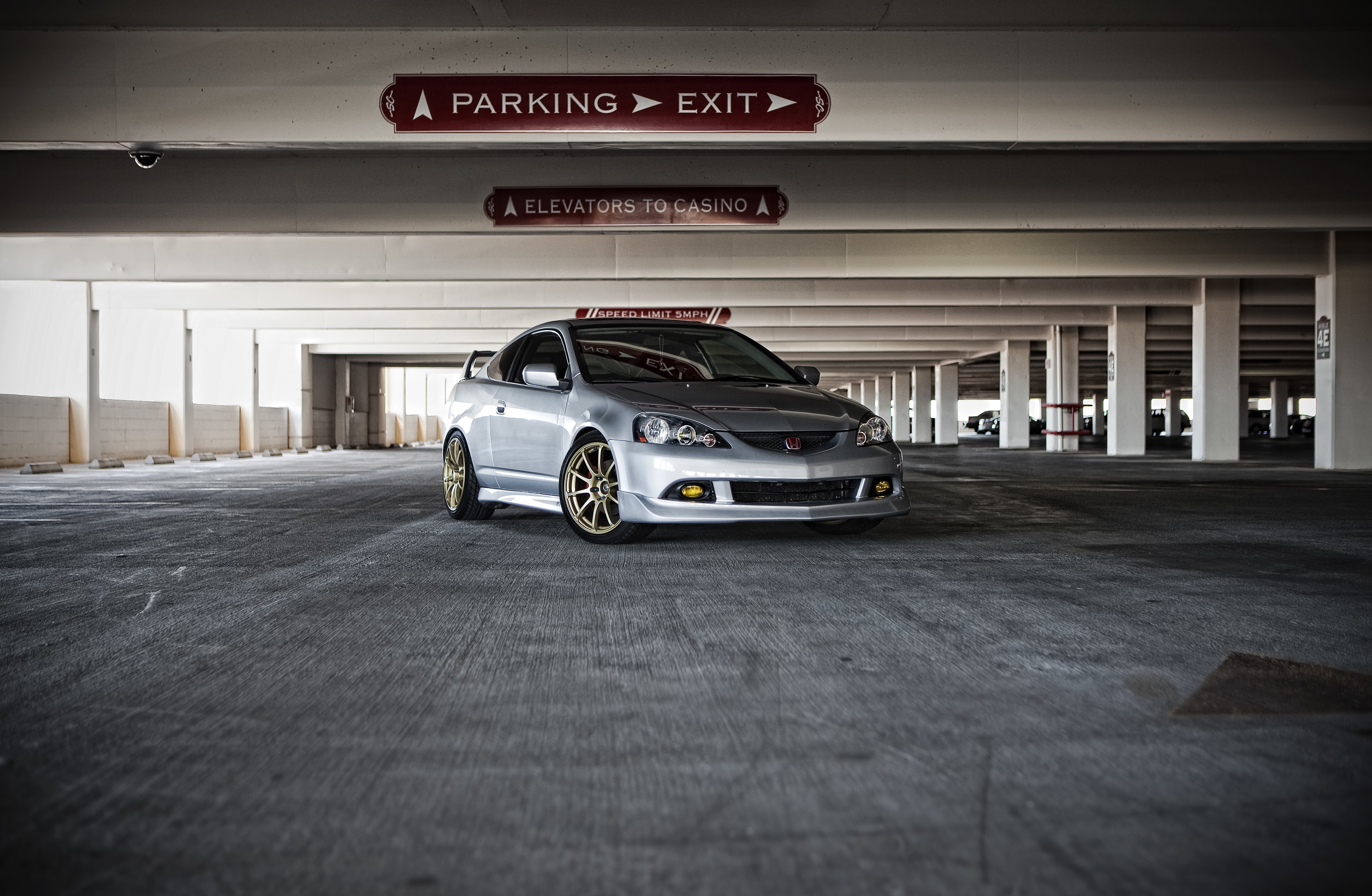 Silvery Honda RSX in Parking Garage HD Wallpaper
