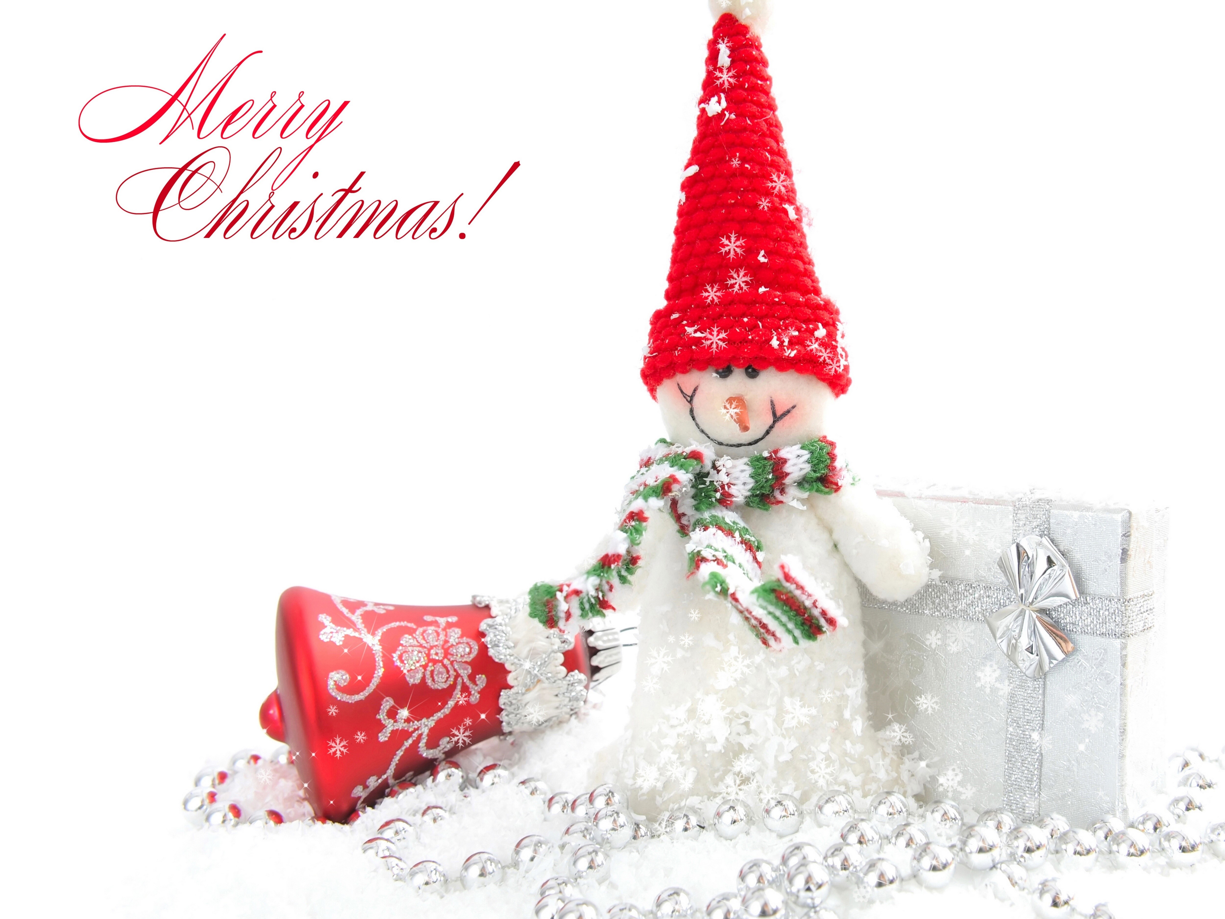 Merry Christmas snowman with gift and bell HD Wallpaper