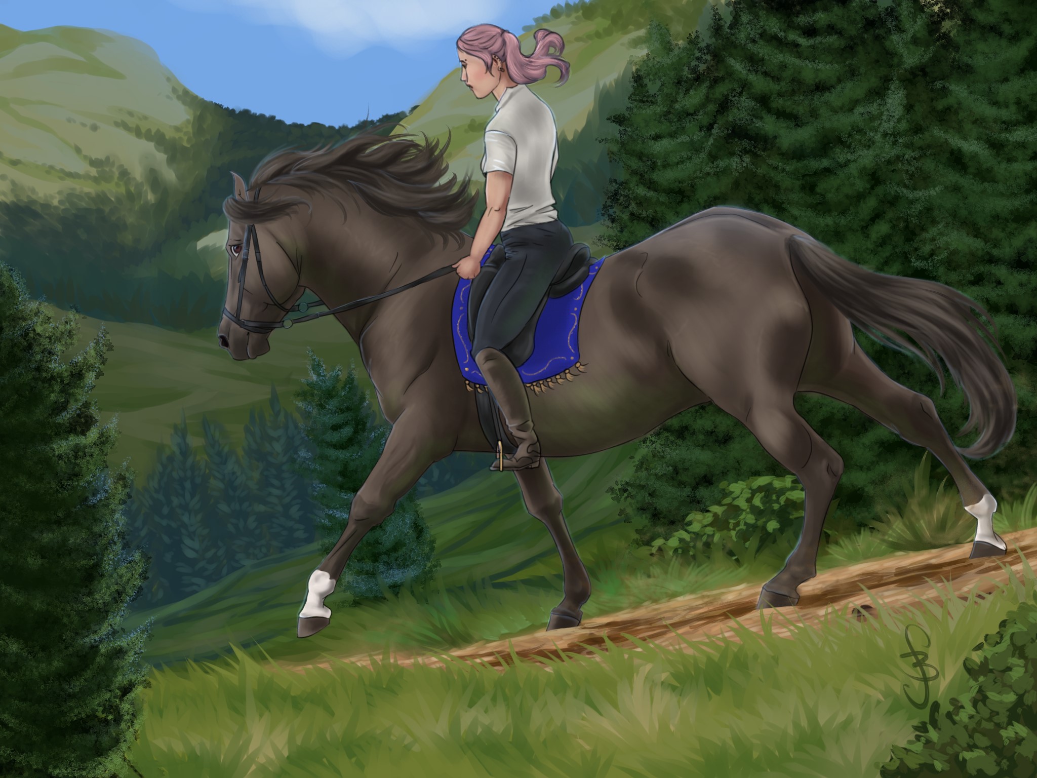 Woman riding a horse on a dirt path in a forest HD Wallpaper