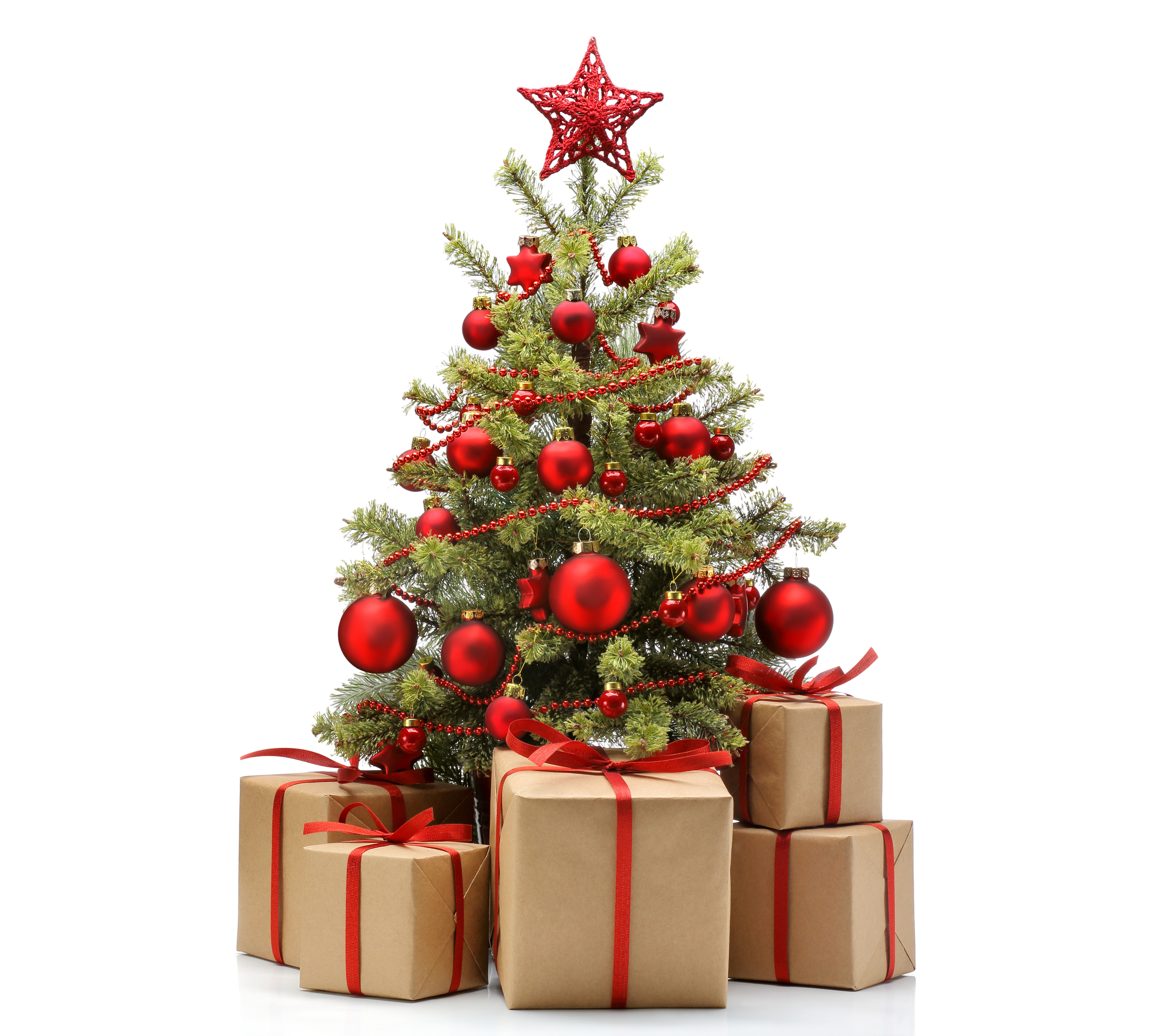 Christmas tree with red ornaments and gifts HD Wallpaper