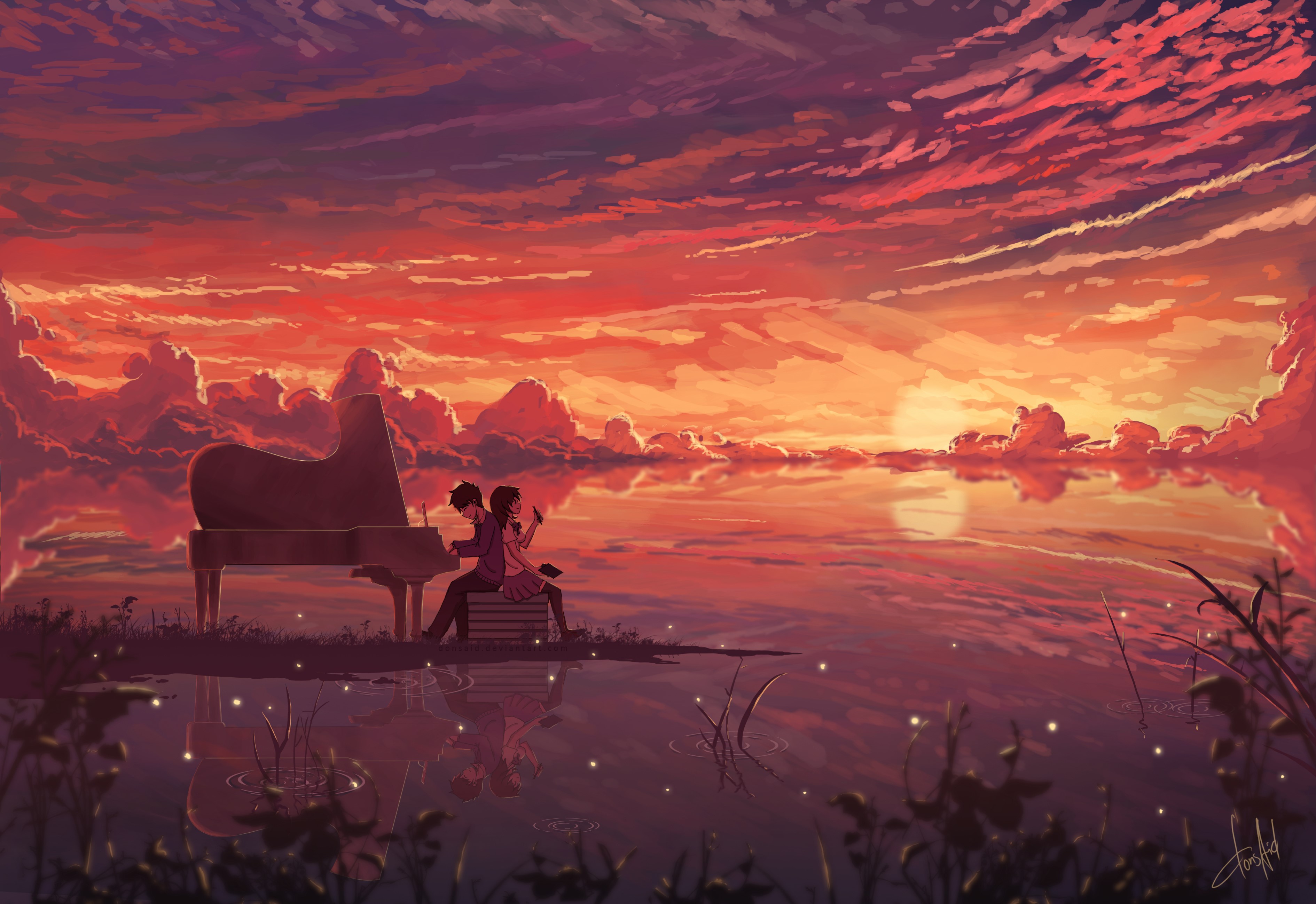 Couple playing piano by the lake at sunset HD Wallpaper