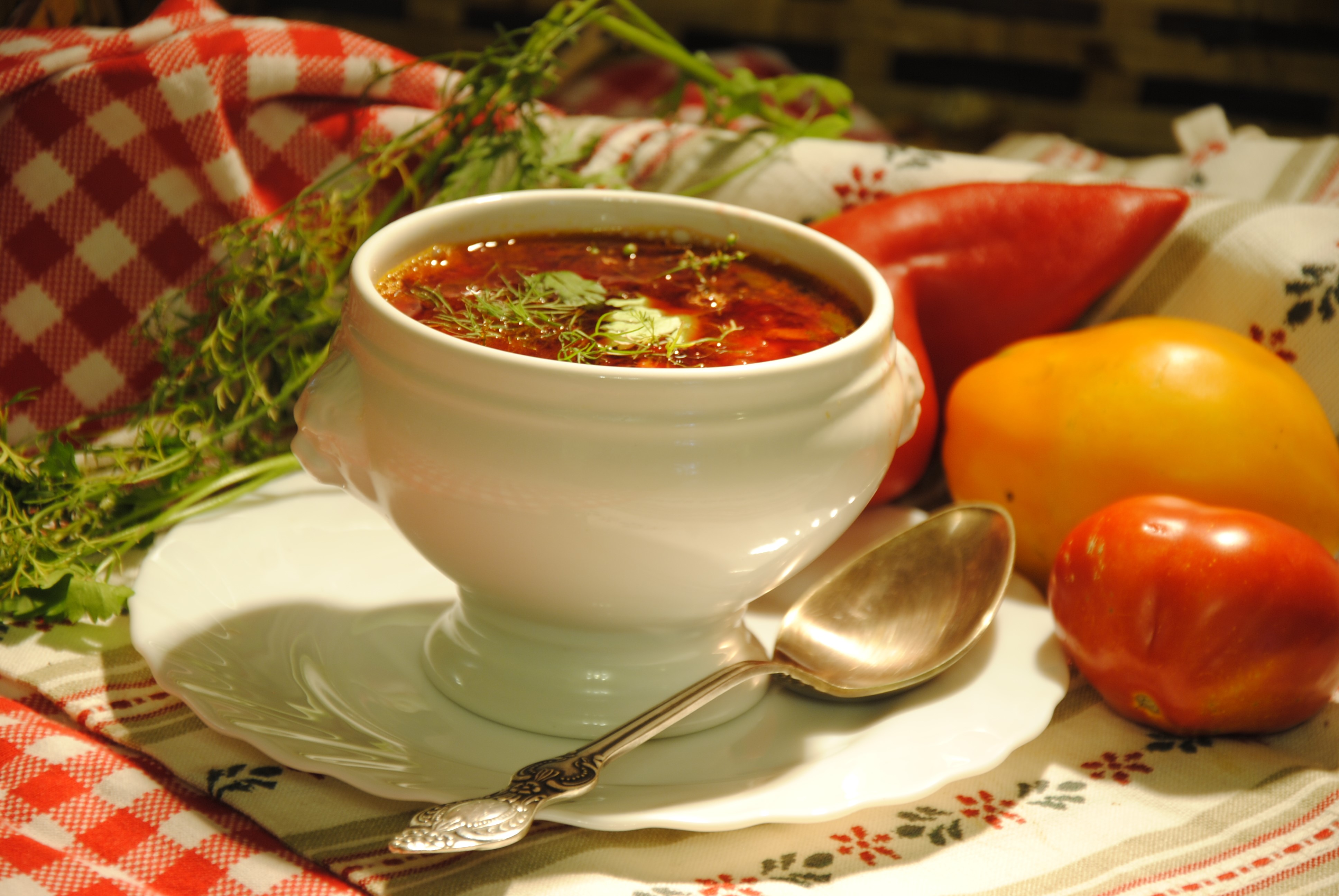 Bowl of Borscht Soup with Spoon and Vegetables HD Wallpaper