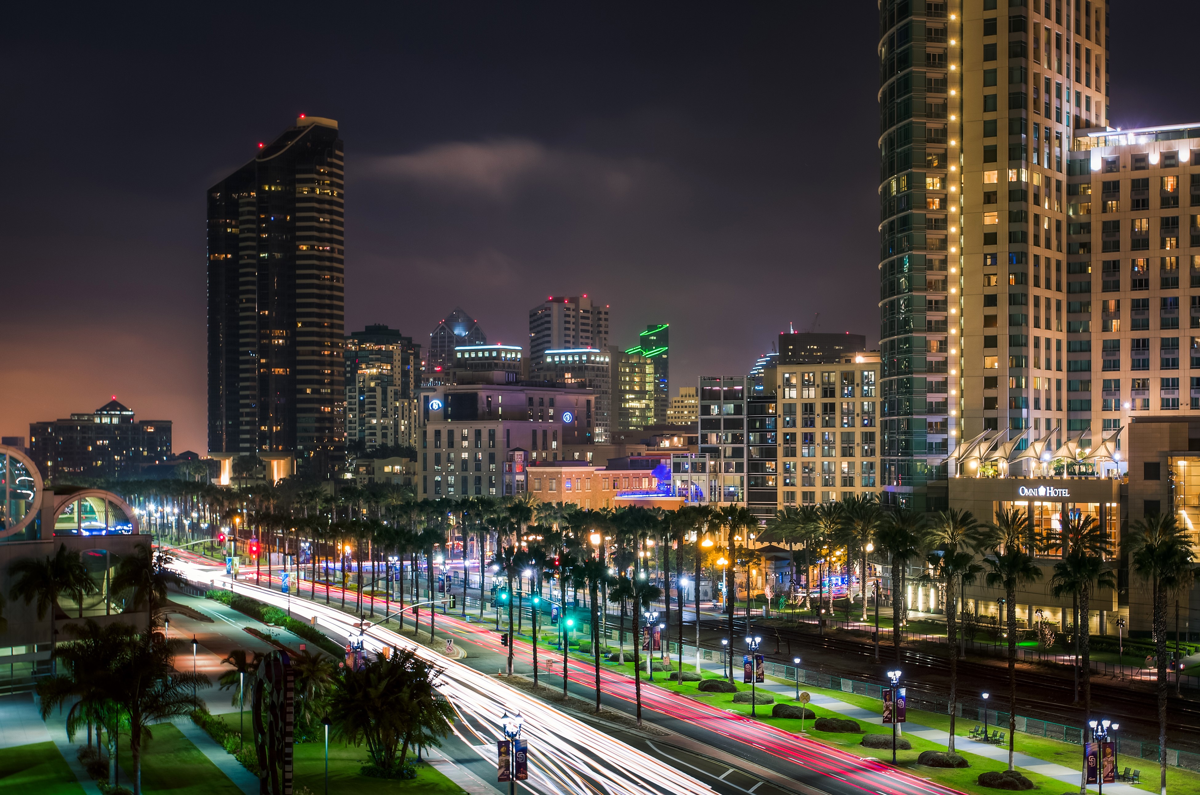 San Diego Skyline at Night with Light Trails HD Wallpaper