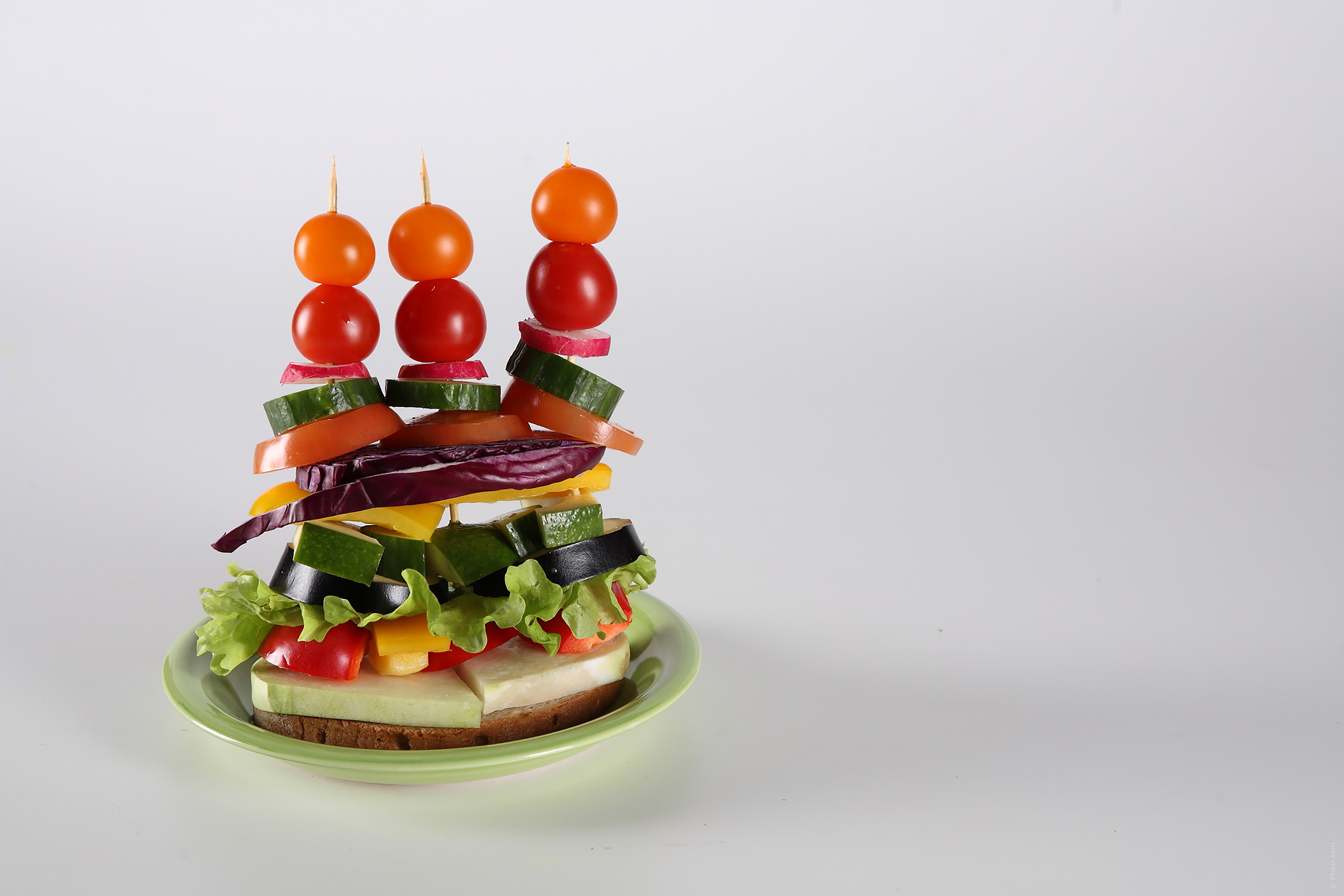Vegetable sandwich tower on a plate HD Wallpaper