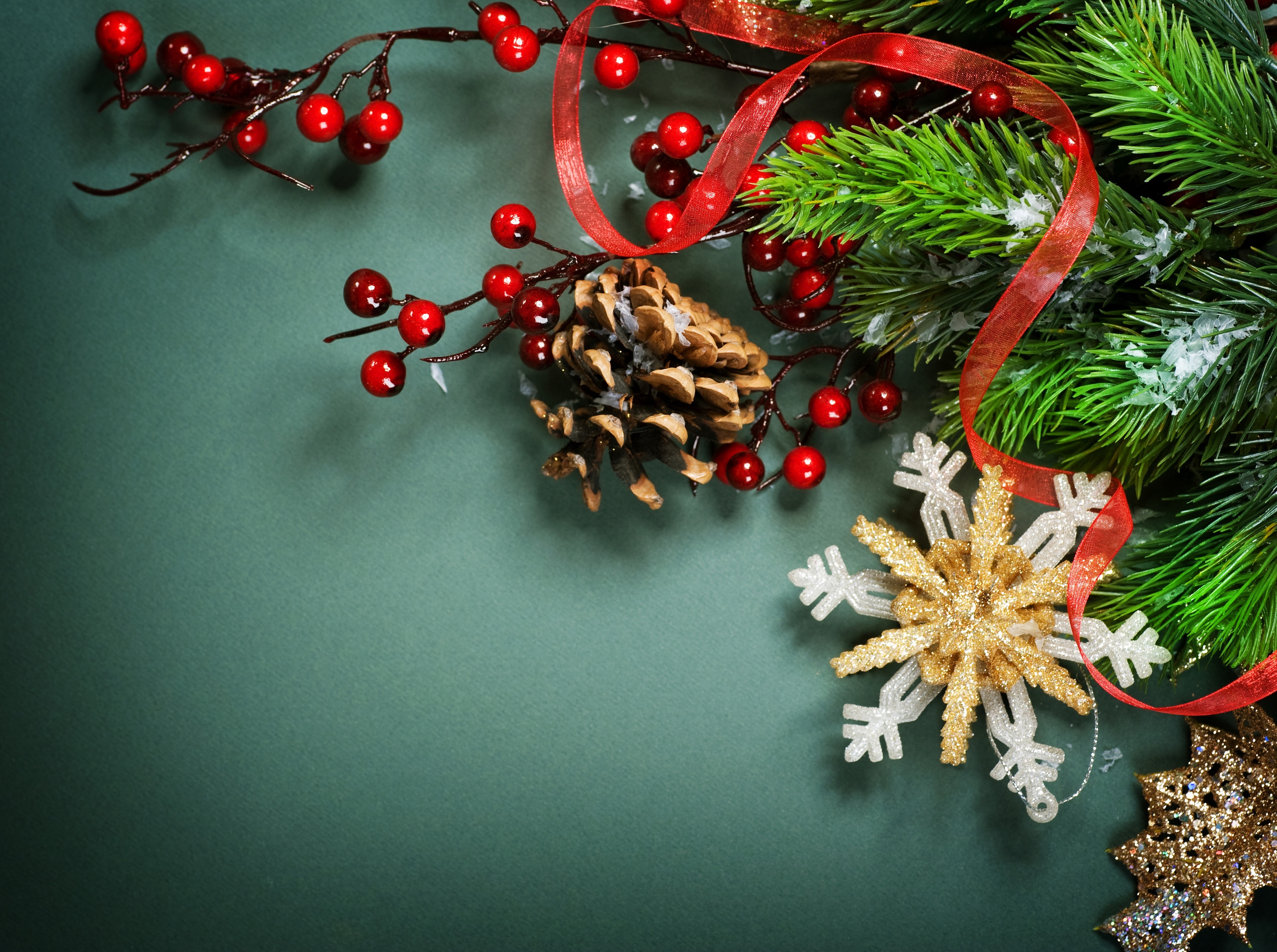 Christmas branches with pine cone and snowflakes HD Wallpaper