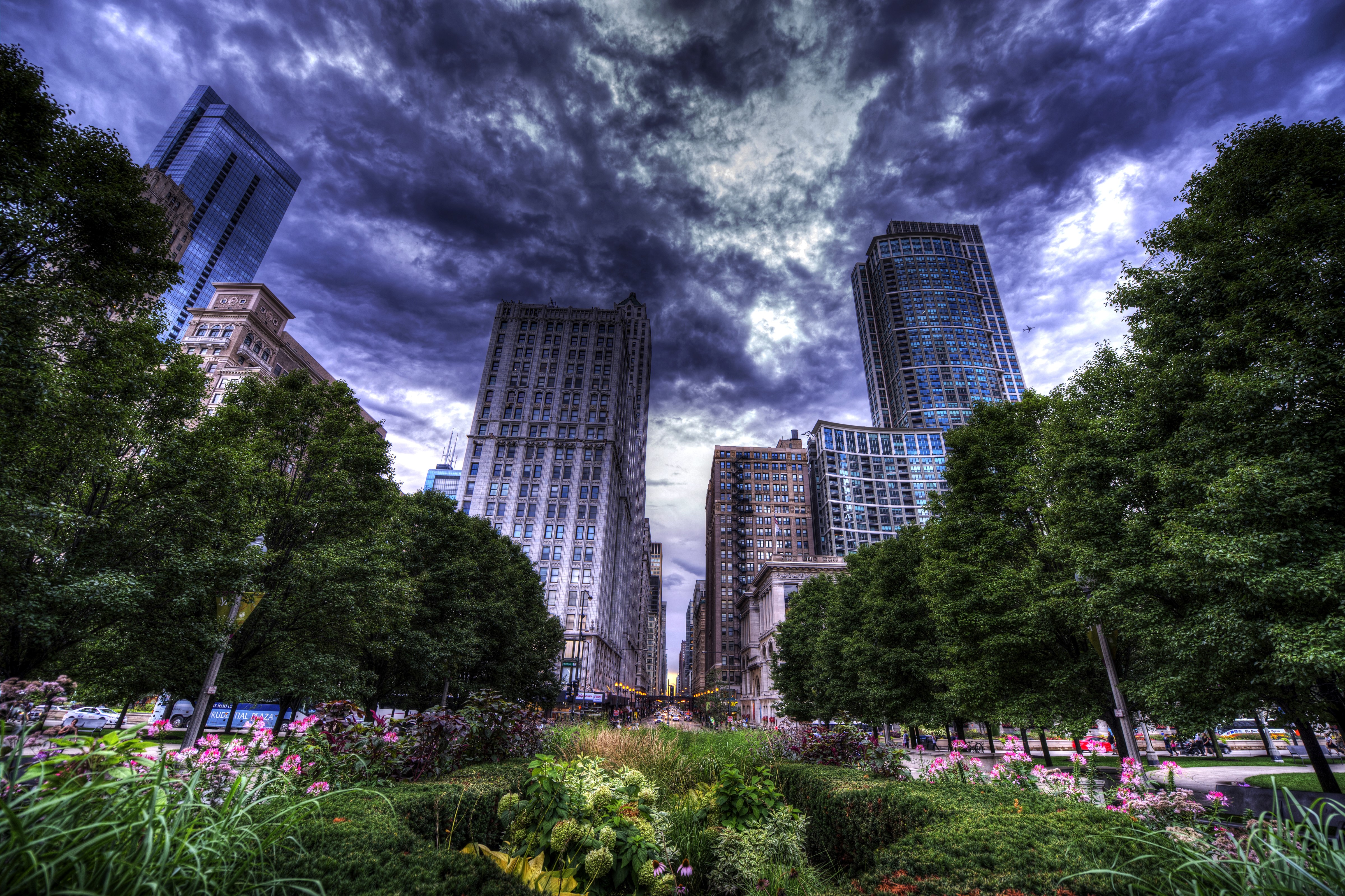 Chicago City Skyscrapers Under Dark Clouds HD Wallpaper