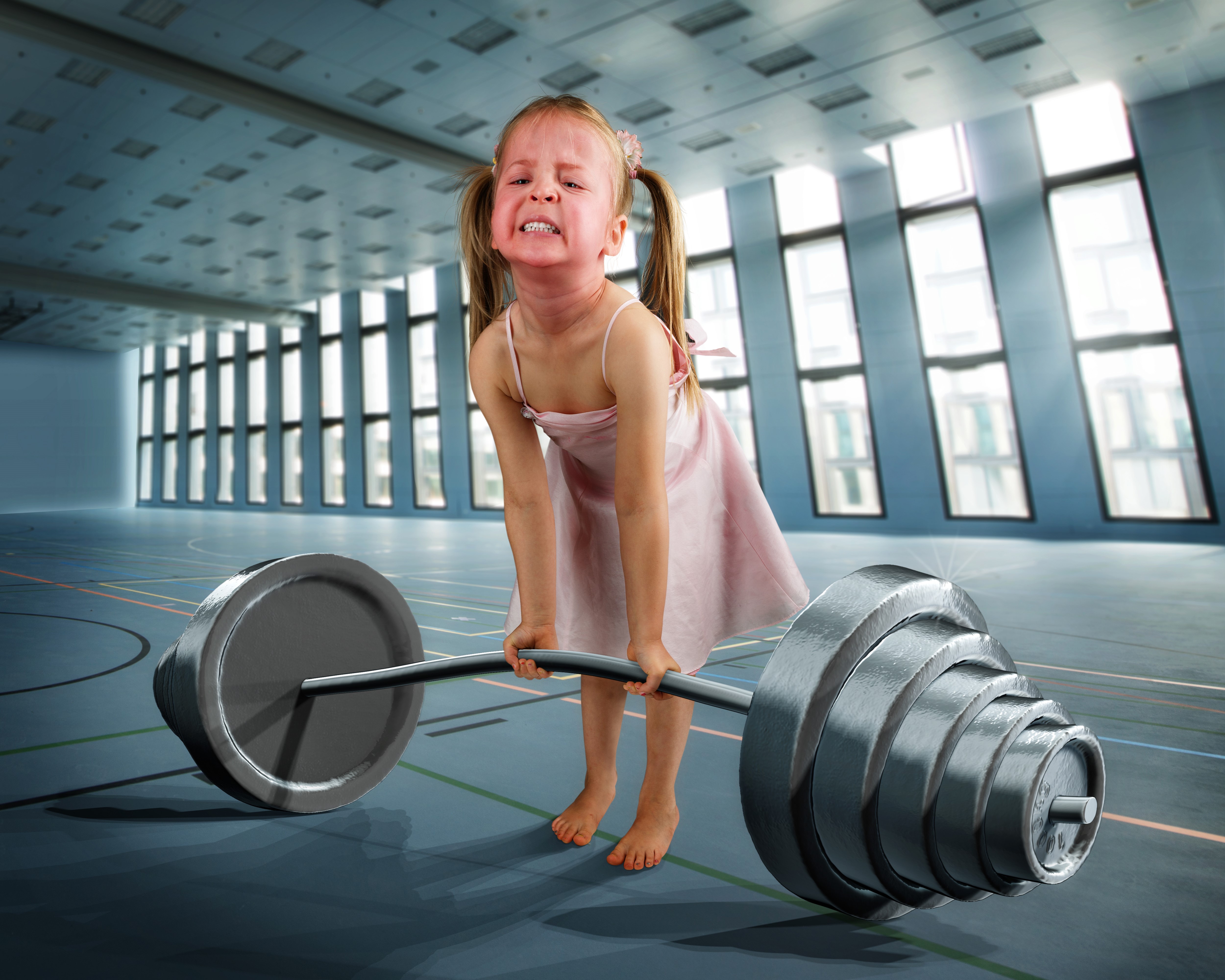 Little girl in dress lifting barbell HD Wallpaper