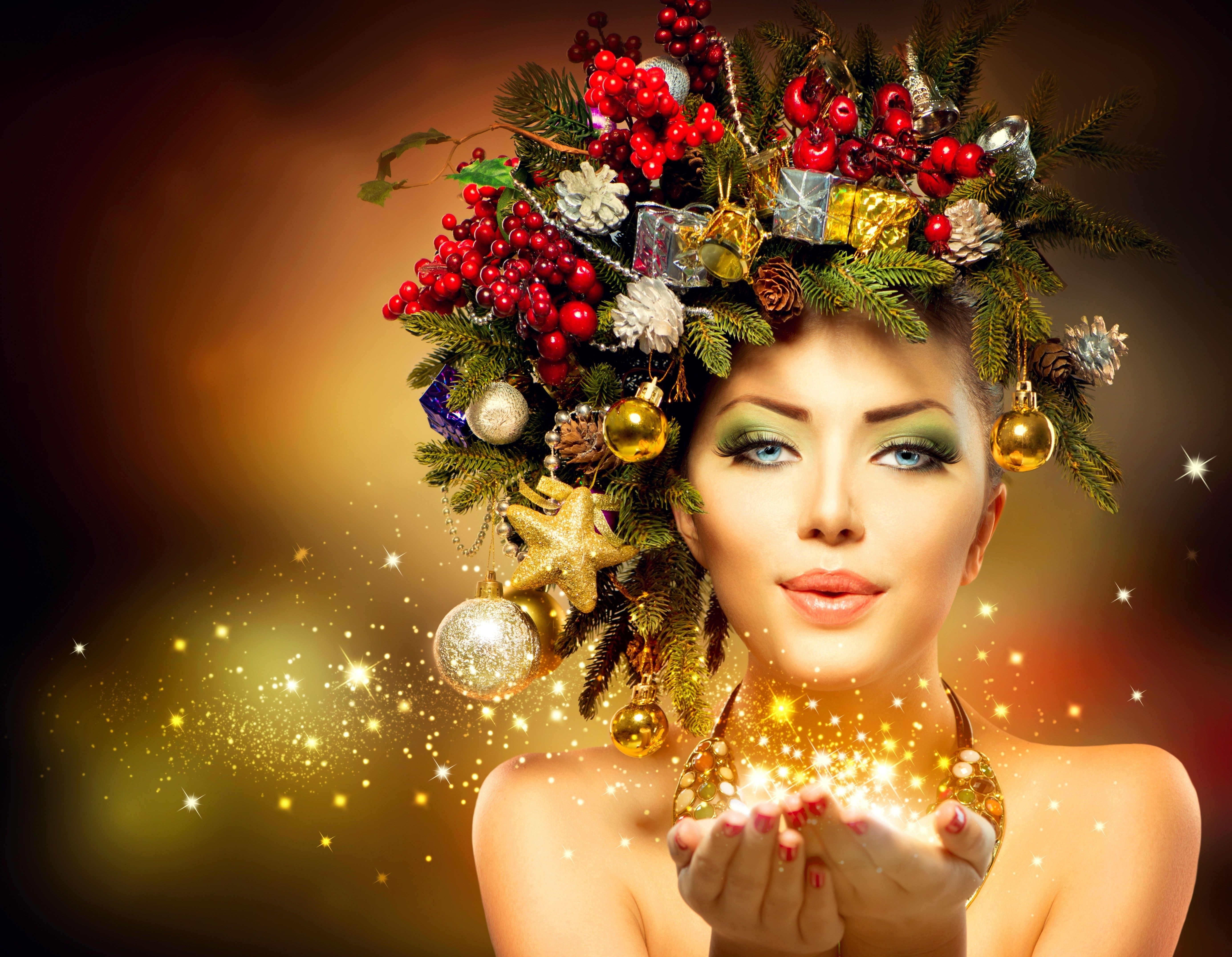 Woman with Christmas Decorations in Hair HD Wallpaper