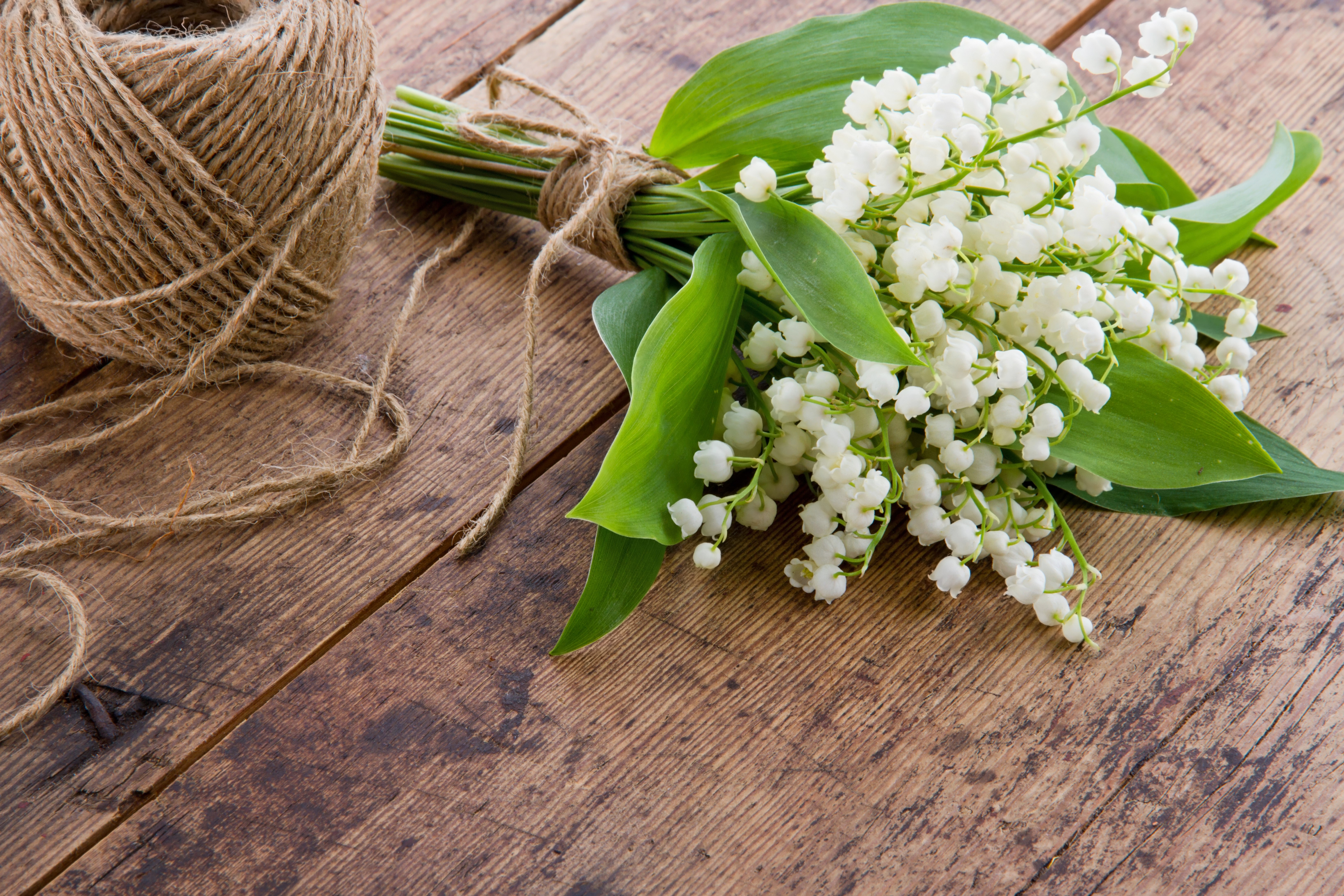 Lily of the valley bouquet with twine on wooden table HD Wallpaper
