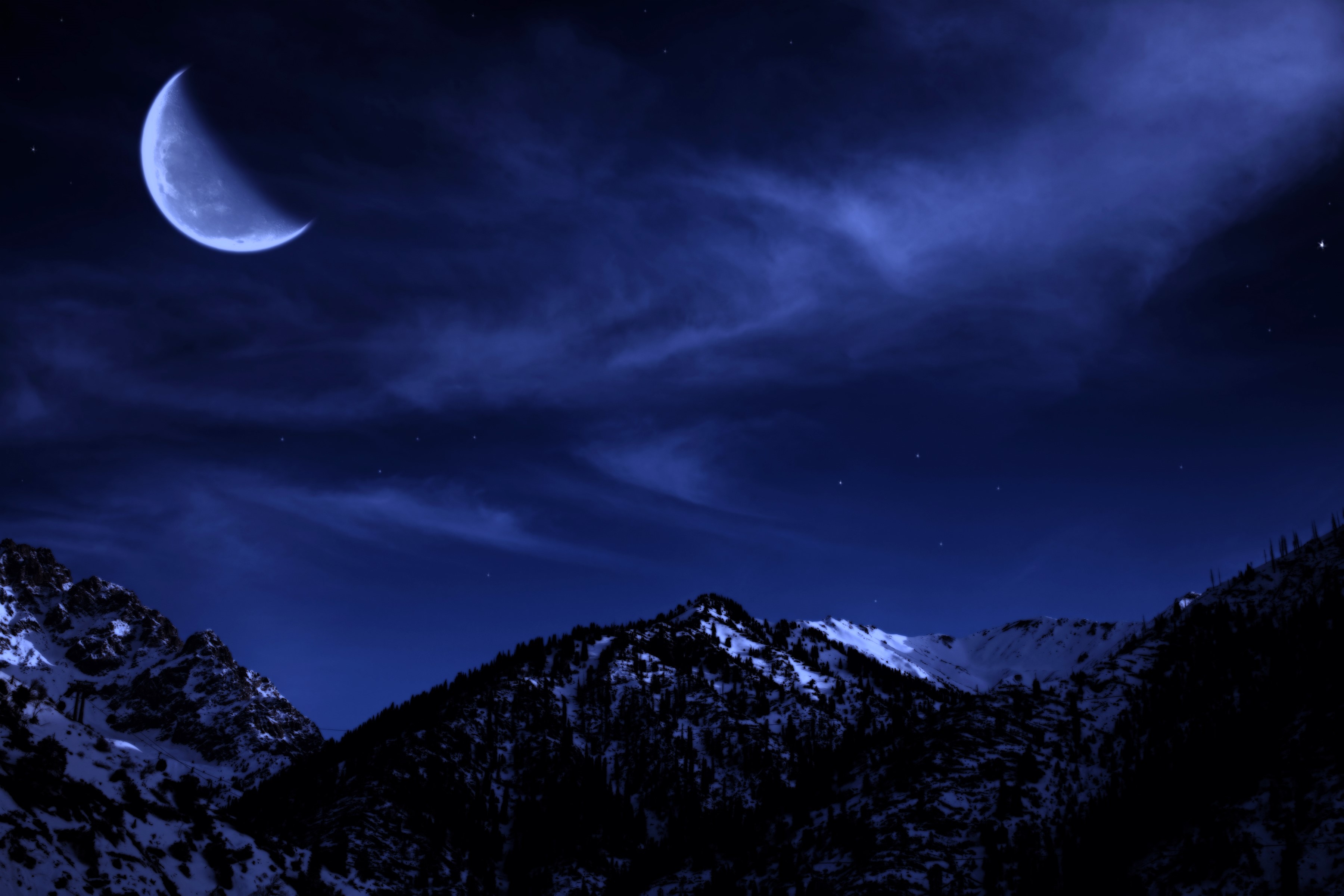 Crescent moon over snow-capped mountains at night HD Wallpaper