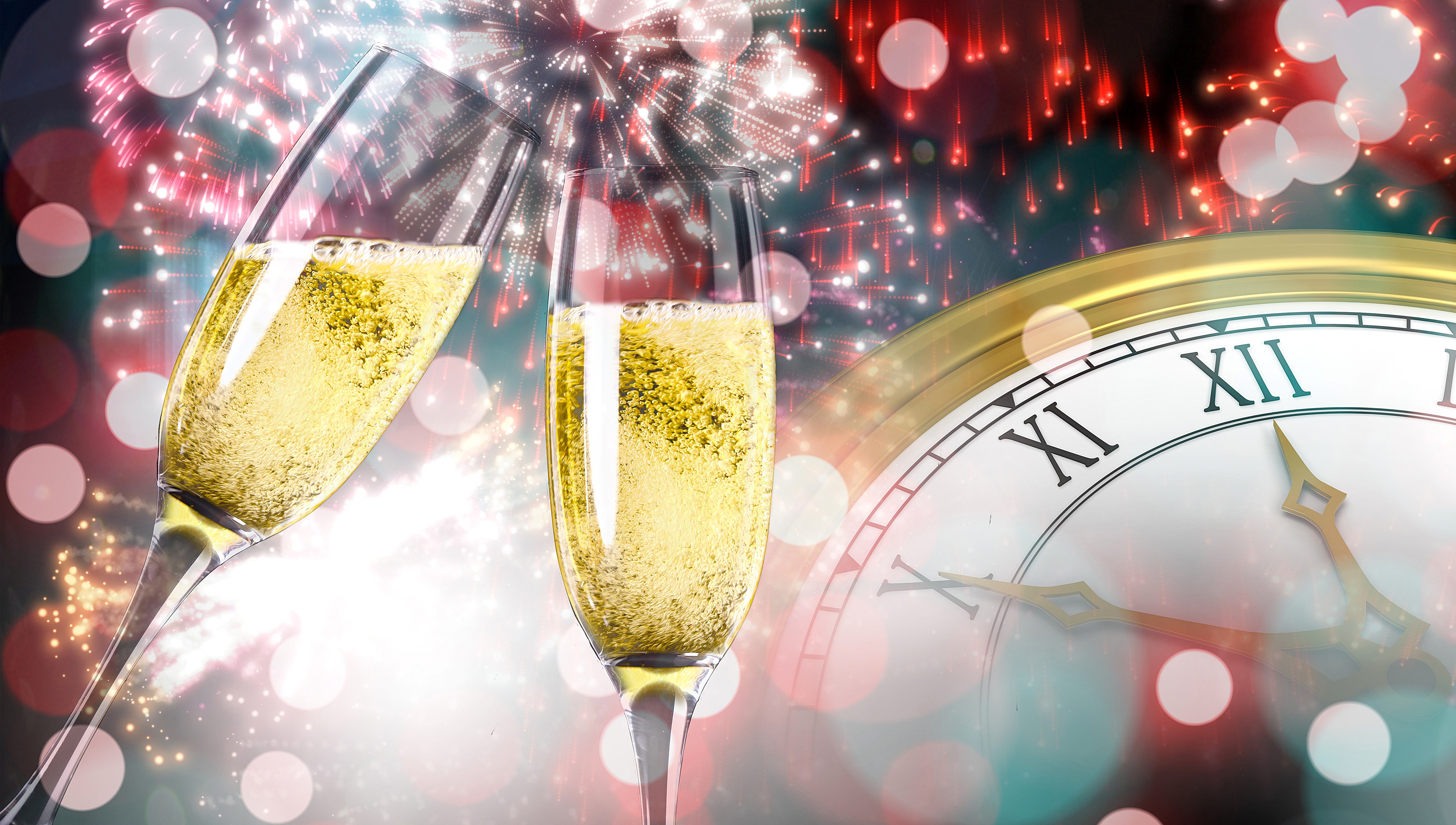 Champagne Glasses with Fireworks and Clock HD Wallpaper