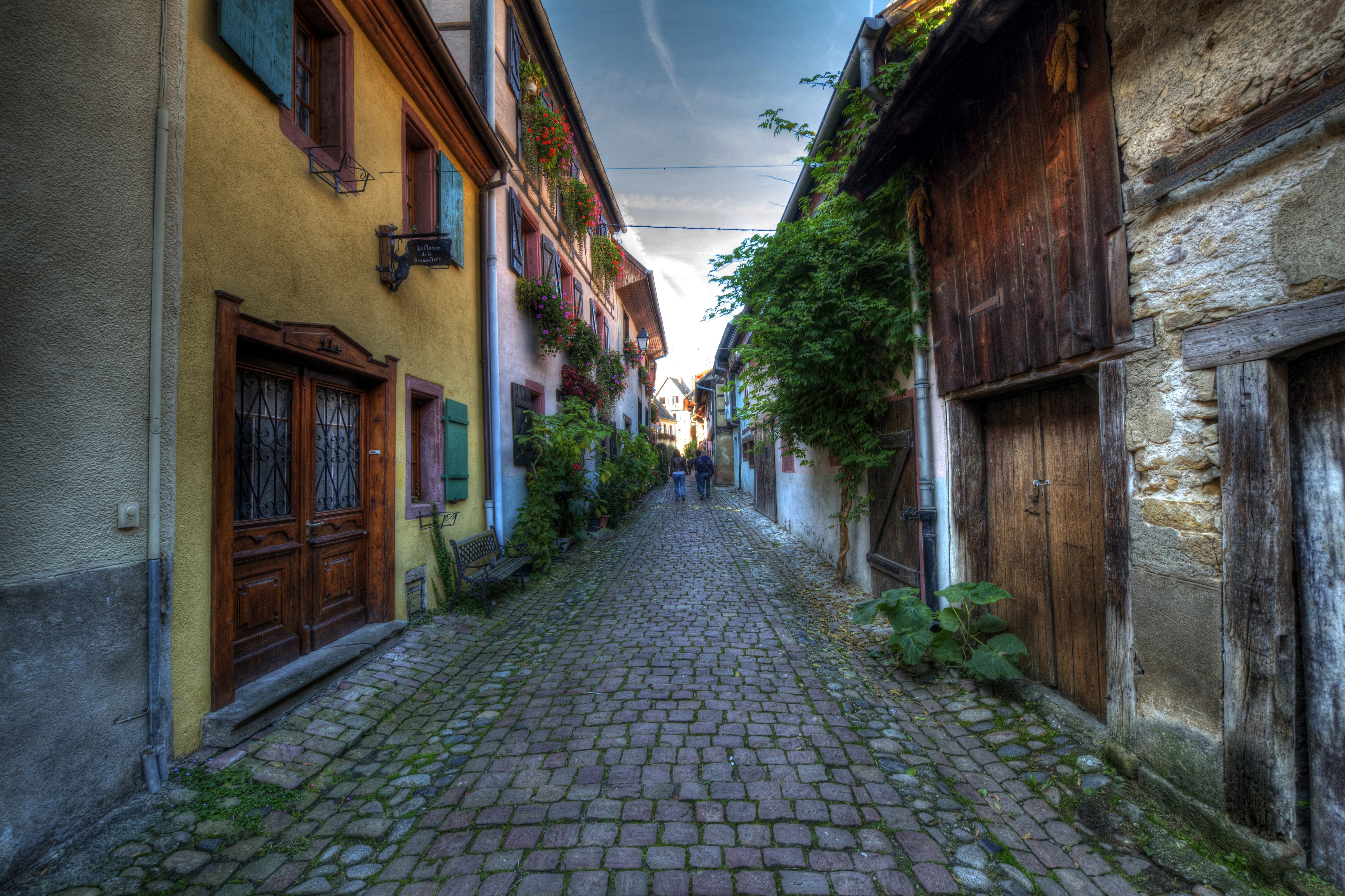Cobblestone street in Eguisheim, France with colorful houses HD Wallpaper