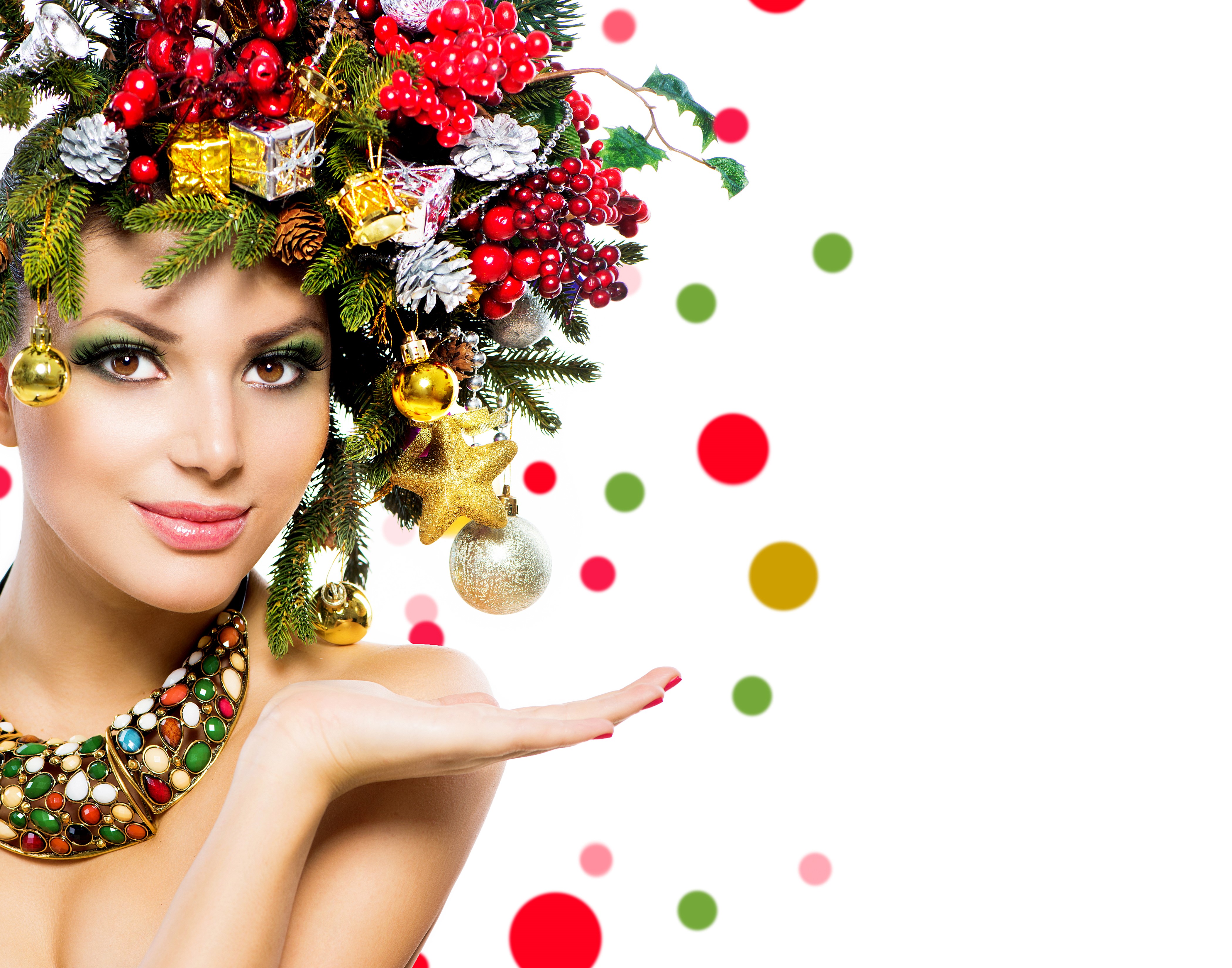 Woman with Christmas decorations in hair HD Wallpaper