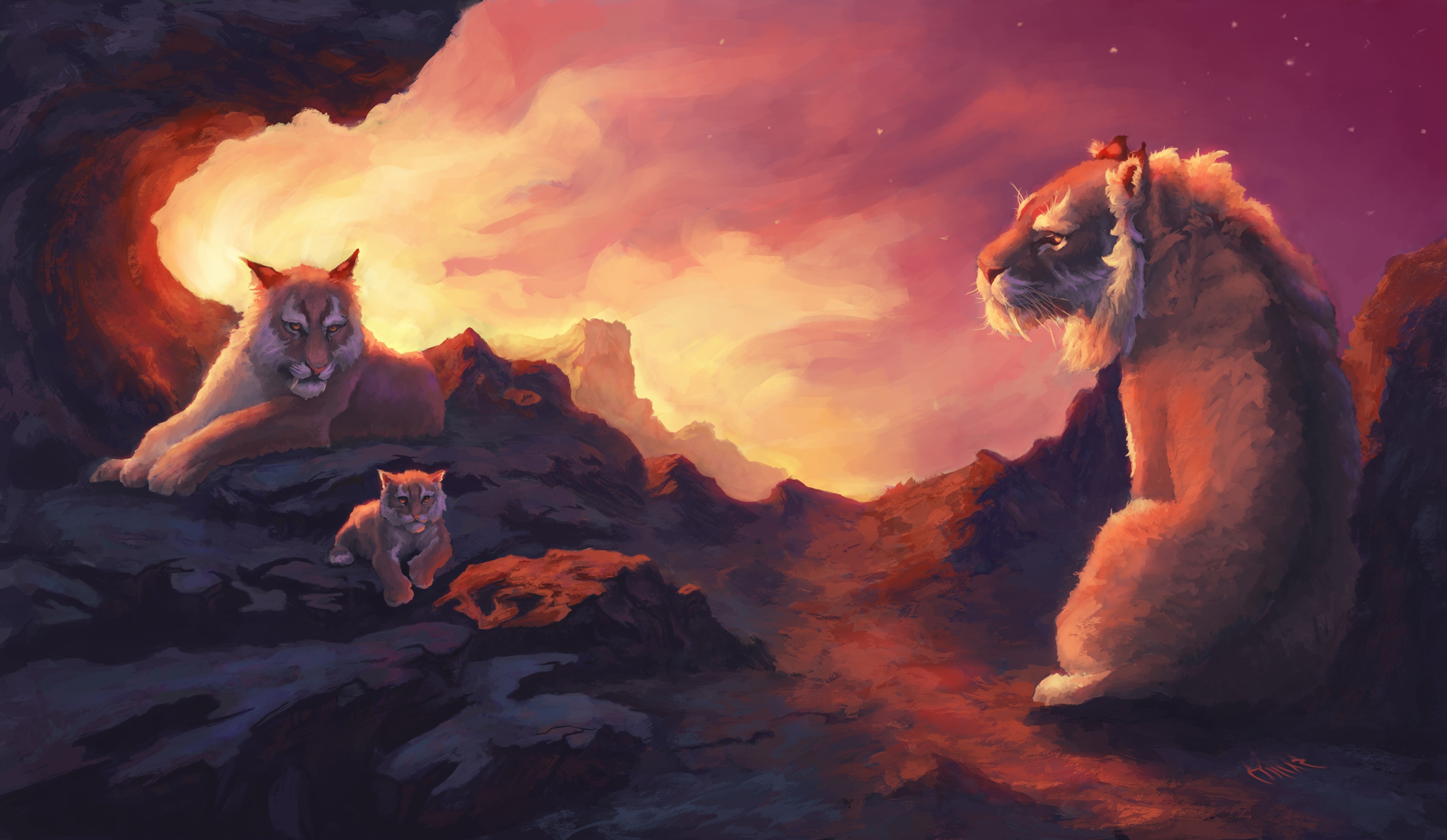 Sabertooth tiger family in a rocky landscape at sunset HD Wallpaper