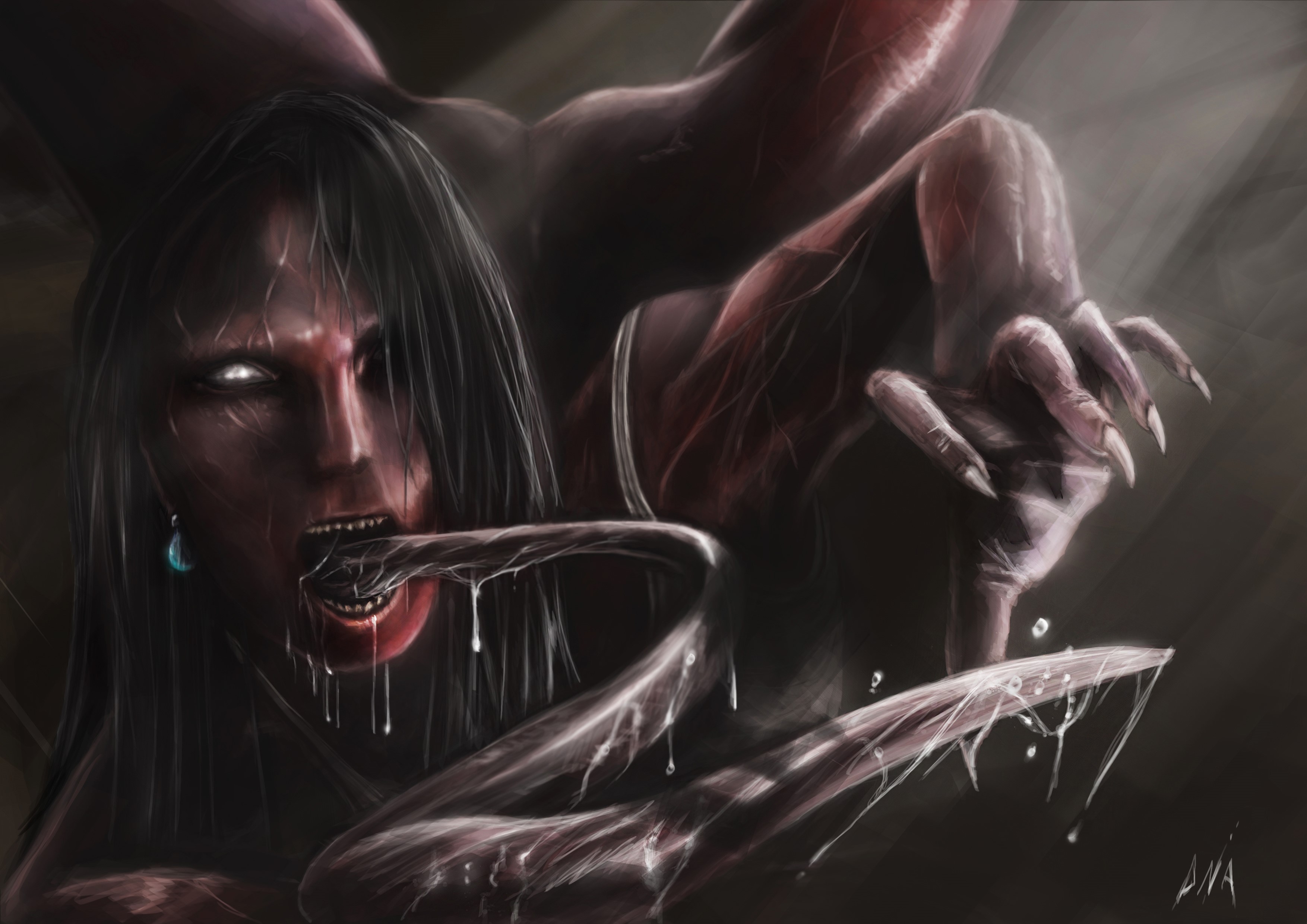 A monstrous creature with a human face and claws HD Wallpaper