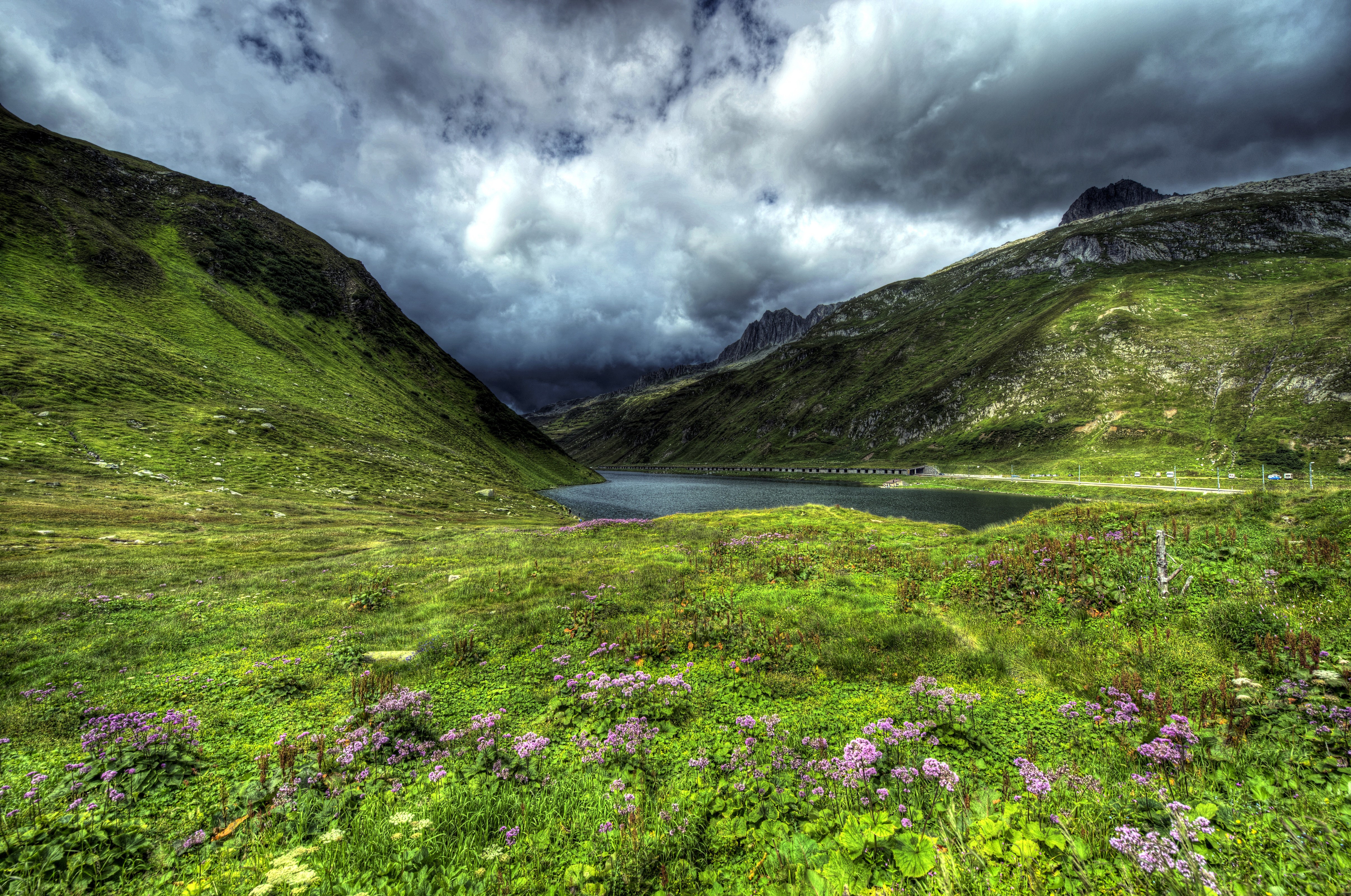 Lake Oberalp Switzerland Mountains HDR Grass Clouds HD Wallpaper
