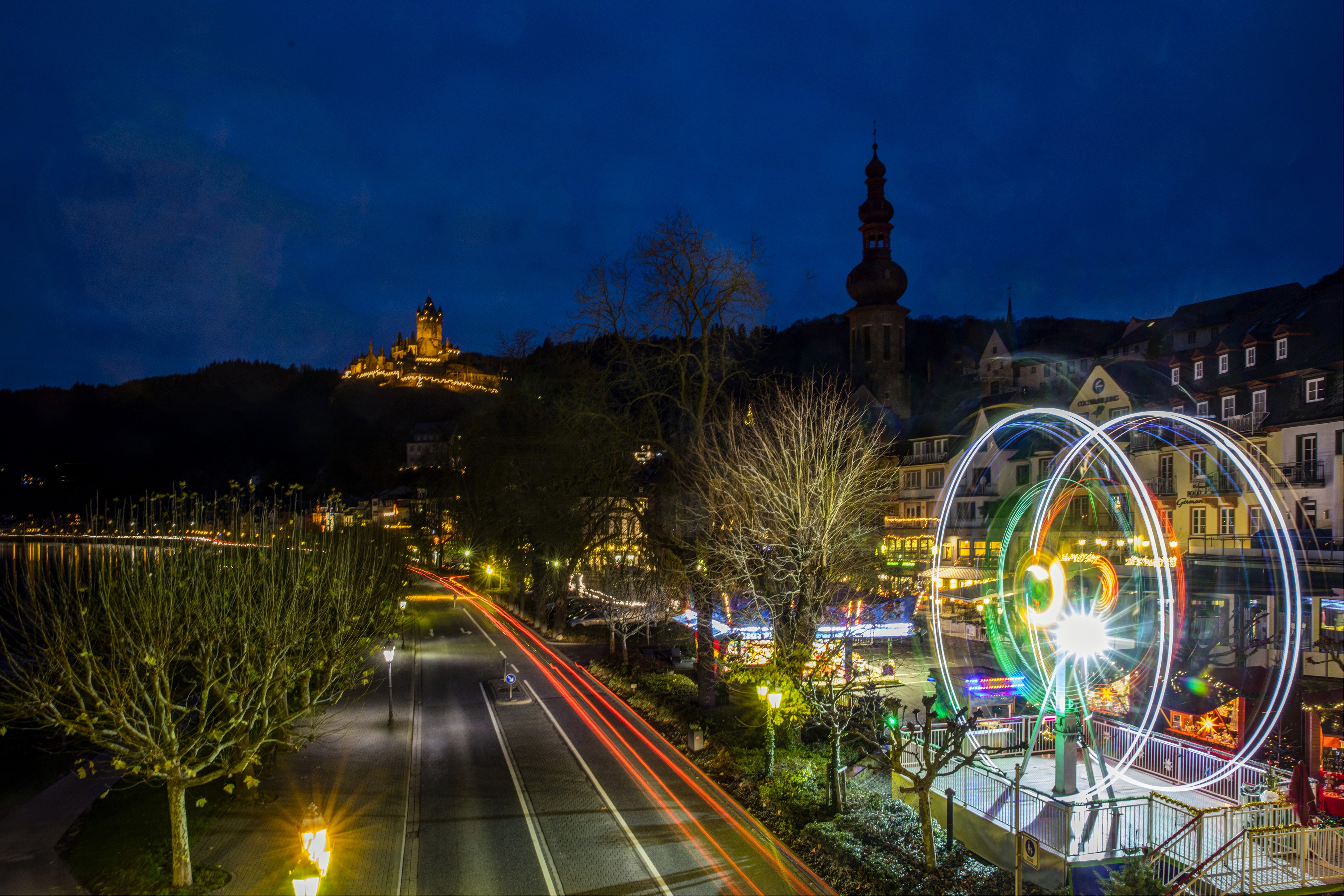 Cochem Germany Night Scene with Castle and Ferris Wheel HD Wallpaper