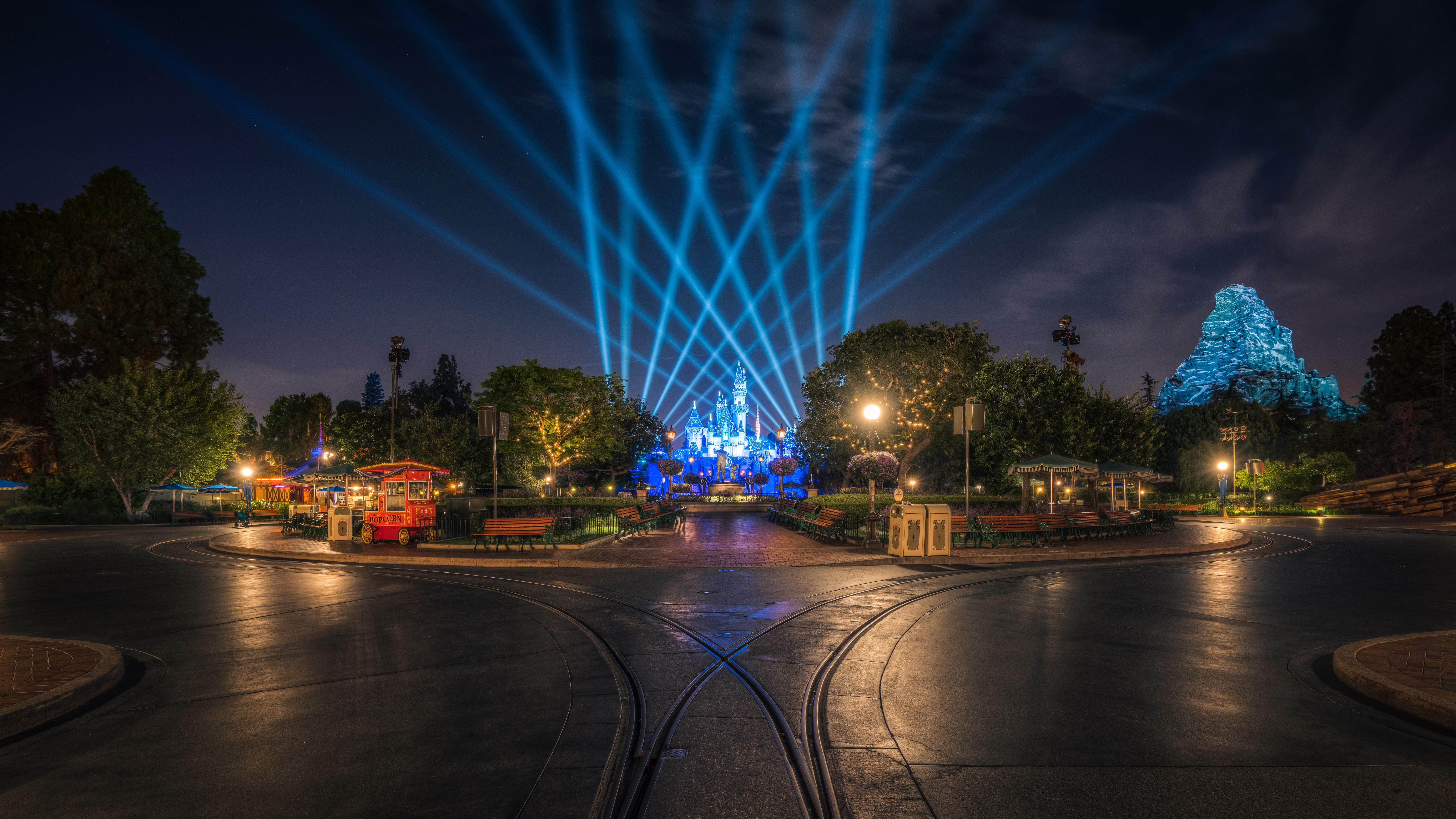Disneyland Castle and Matterhorn at Night HD Wallpaper