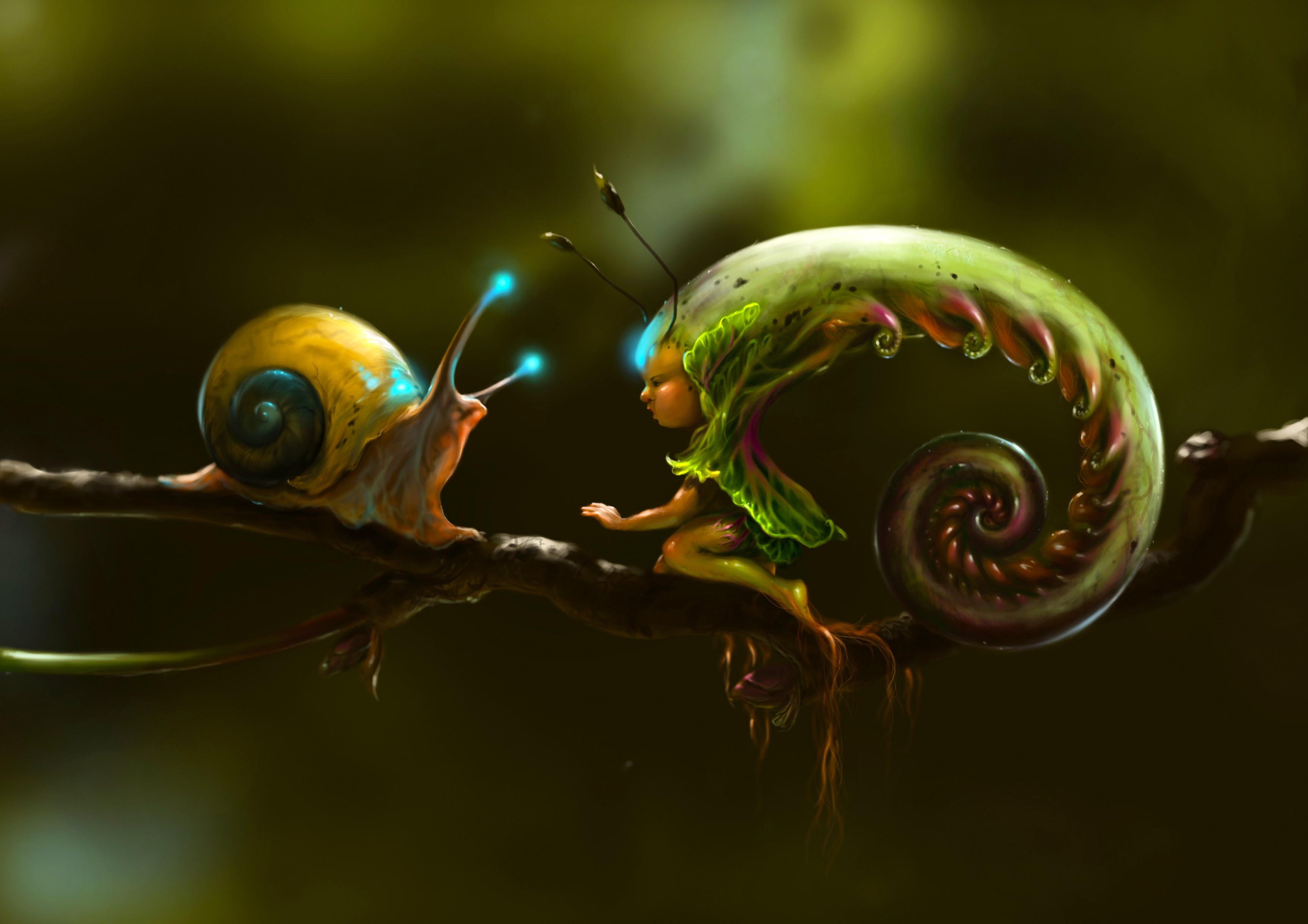 Fairy and snail on a branch HD Wallpaper