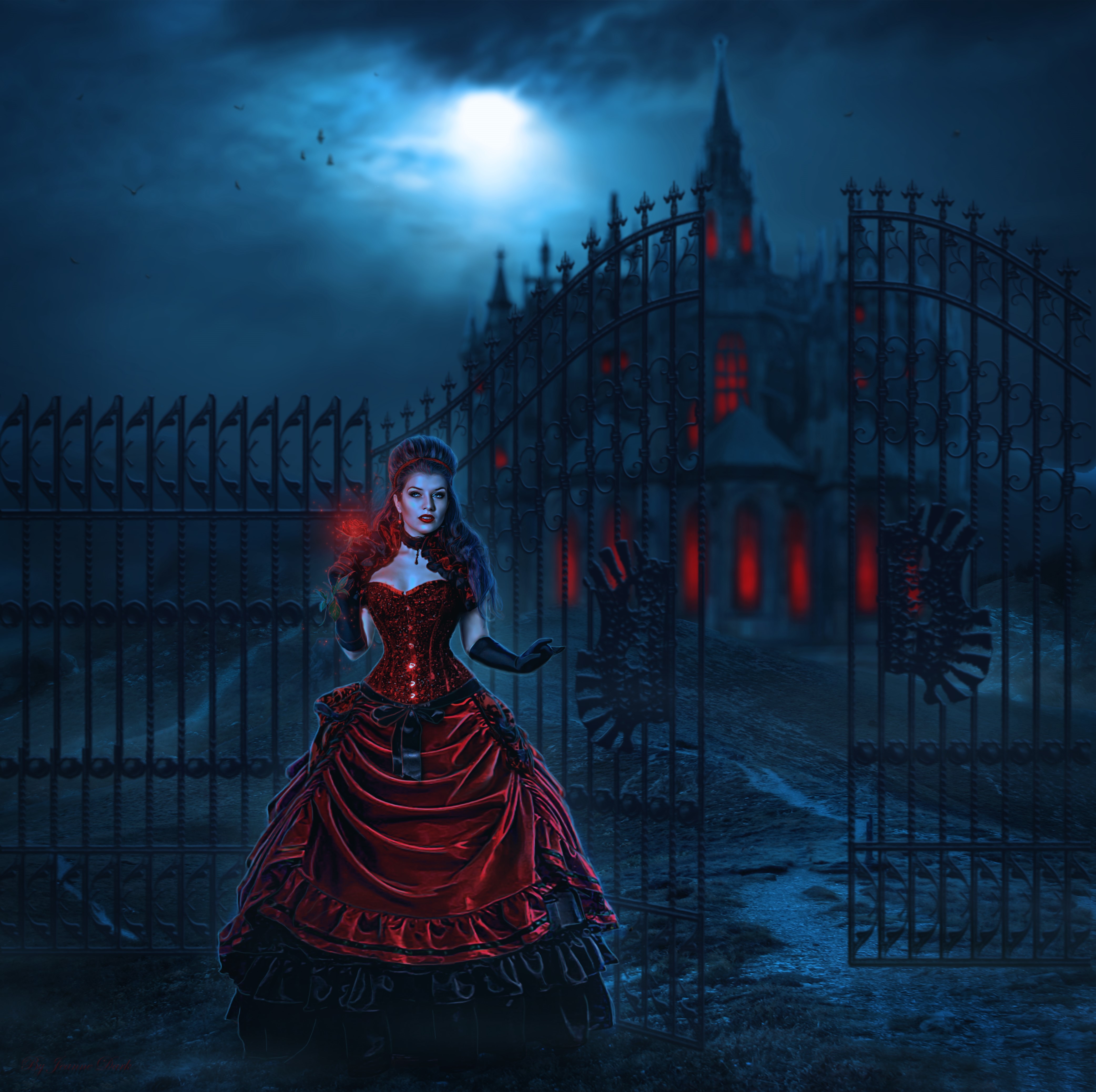Woman in red dress at night in front of castle gates HD Wallpaper