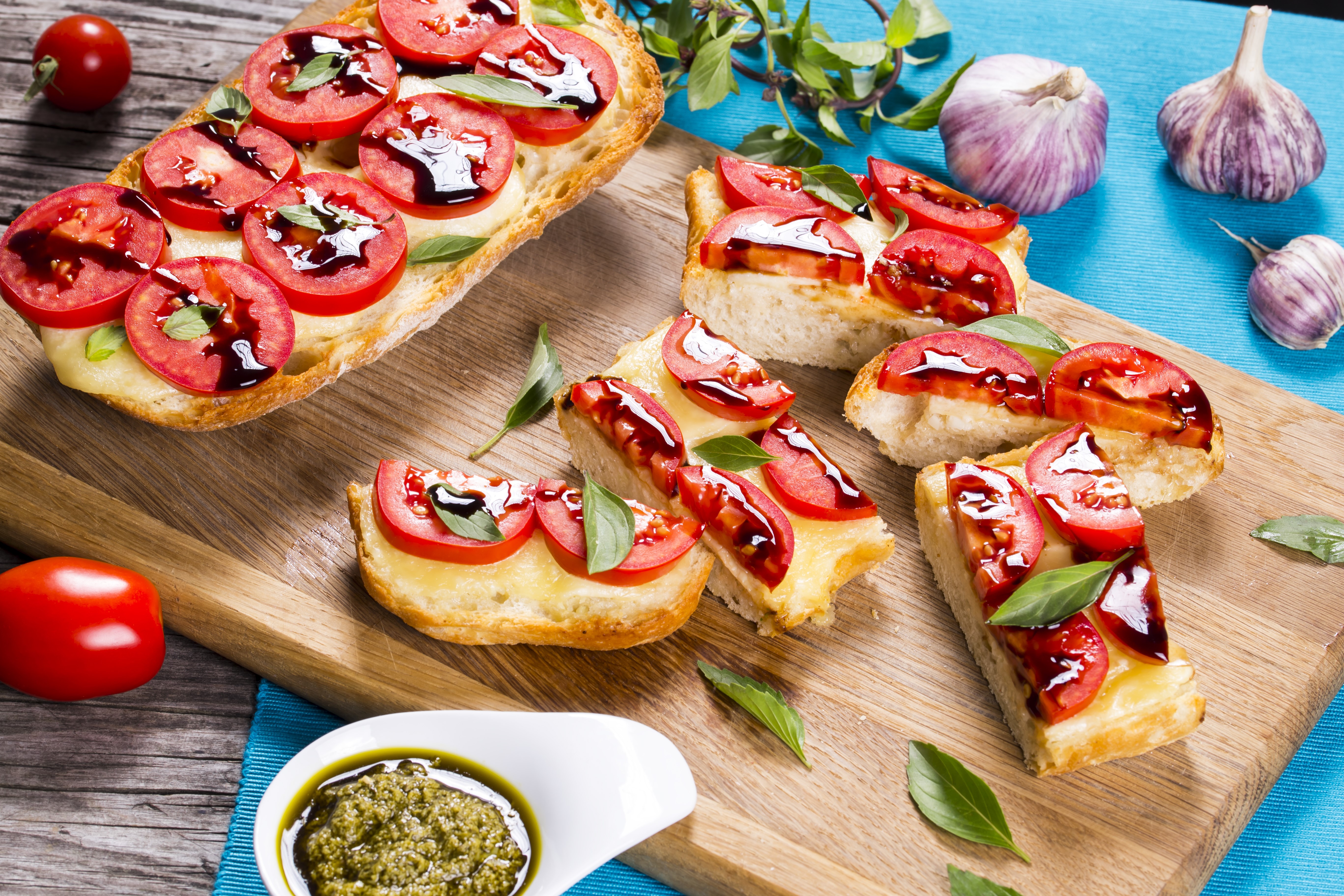 Bruschetta with Tomatoes, Cheese, and Basil HD Wallpaper