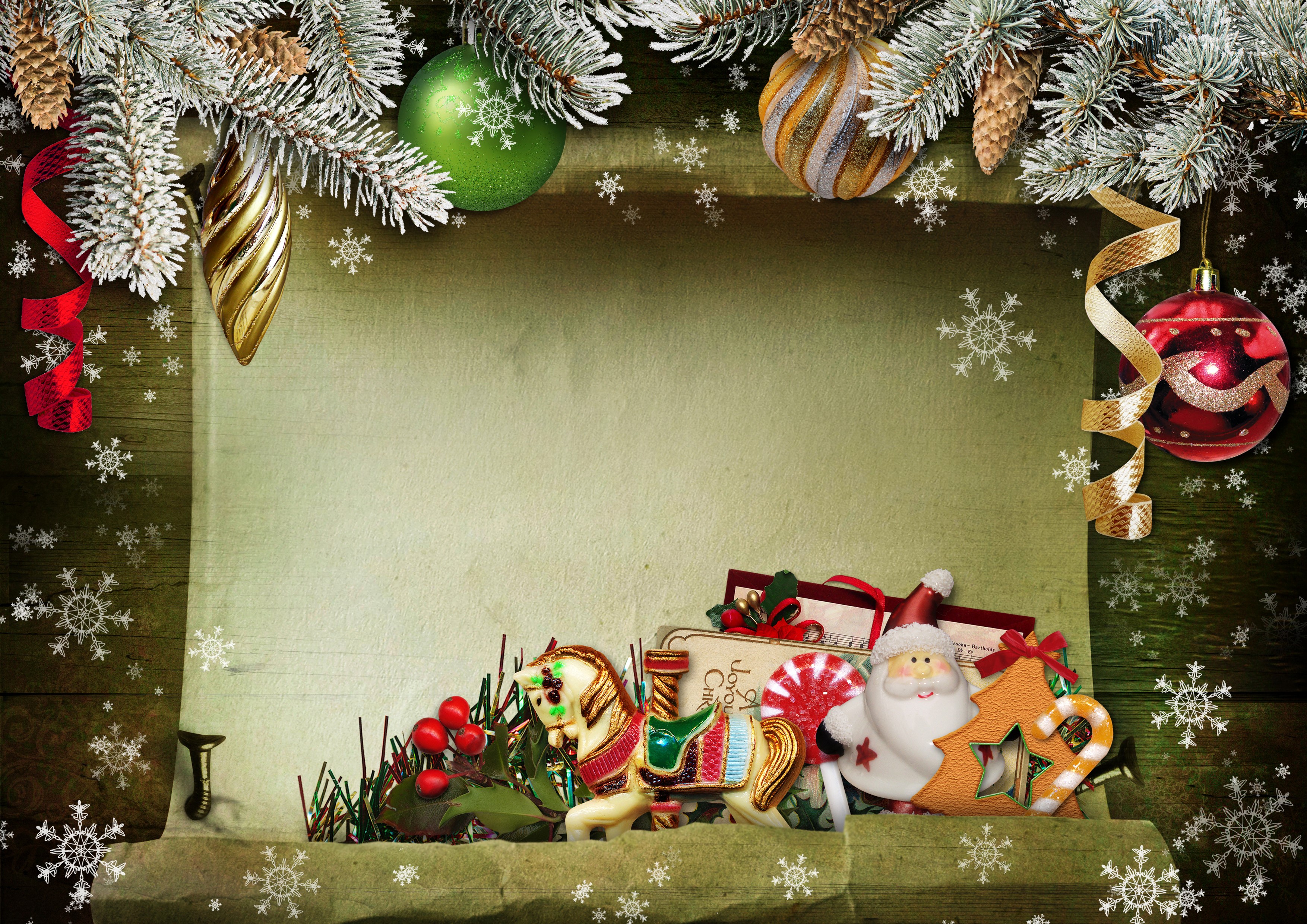 Christmas Greeting Card with Ornaments and Toys HD Wallpaper