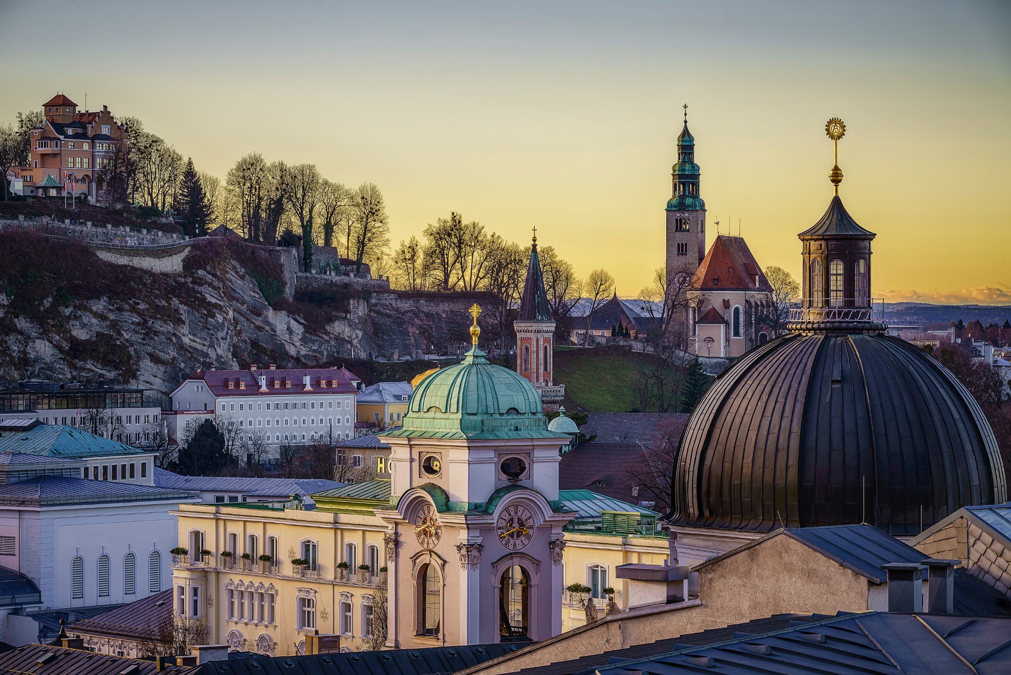 Salzburg cityscape with domes and towers at sunset HD Wallpaper