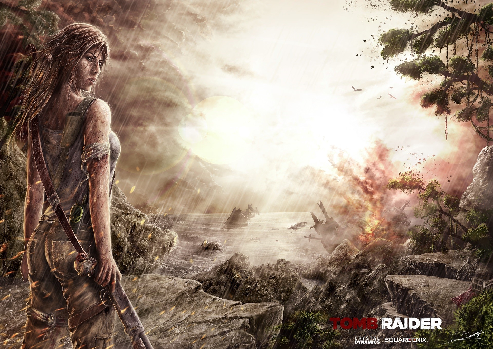 Lara Croft from Tomb Raider in the rain HD Wallpaper