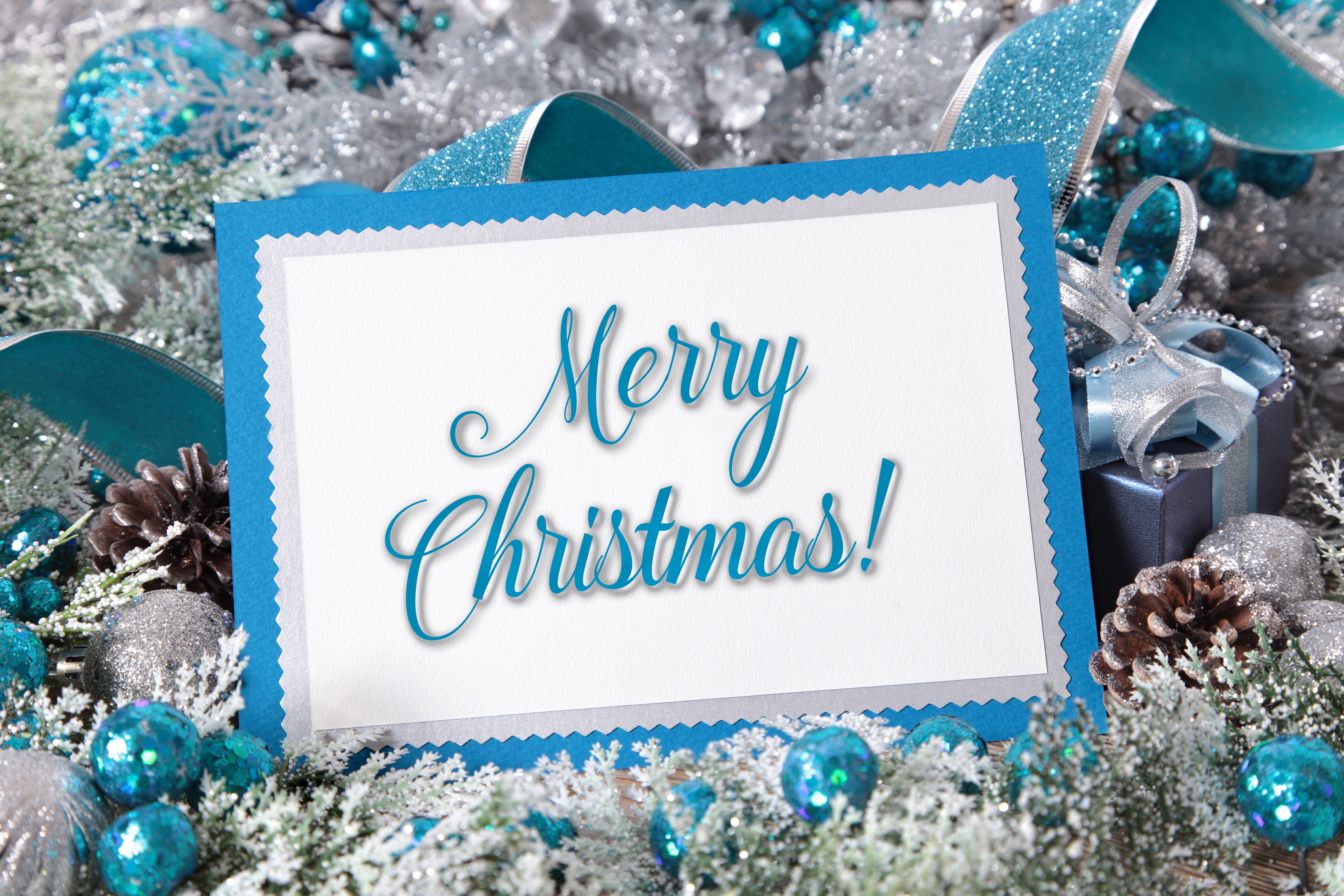 Merry Christmas card with blue and silver decorations HD Wallpaper