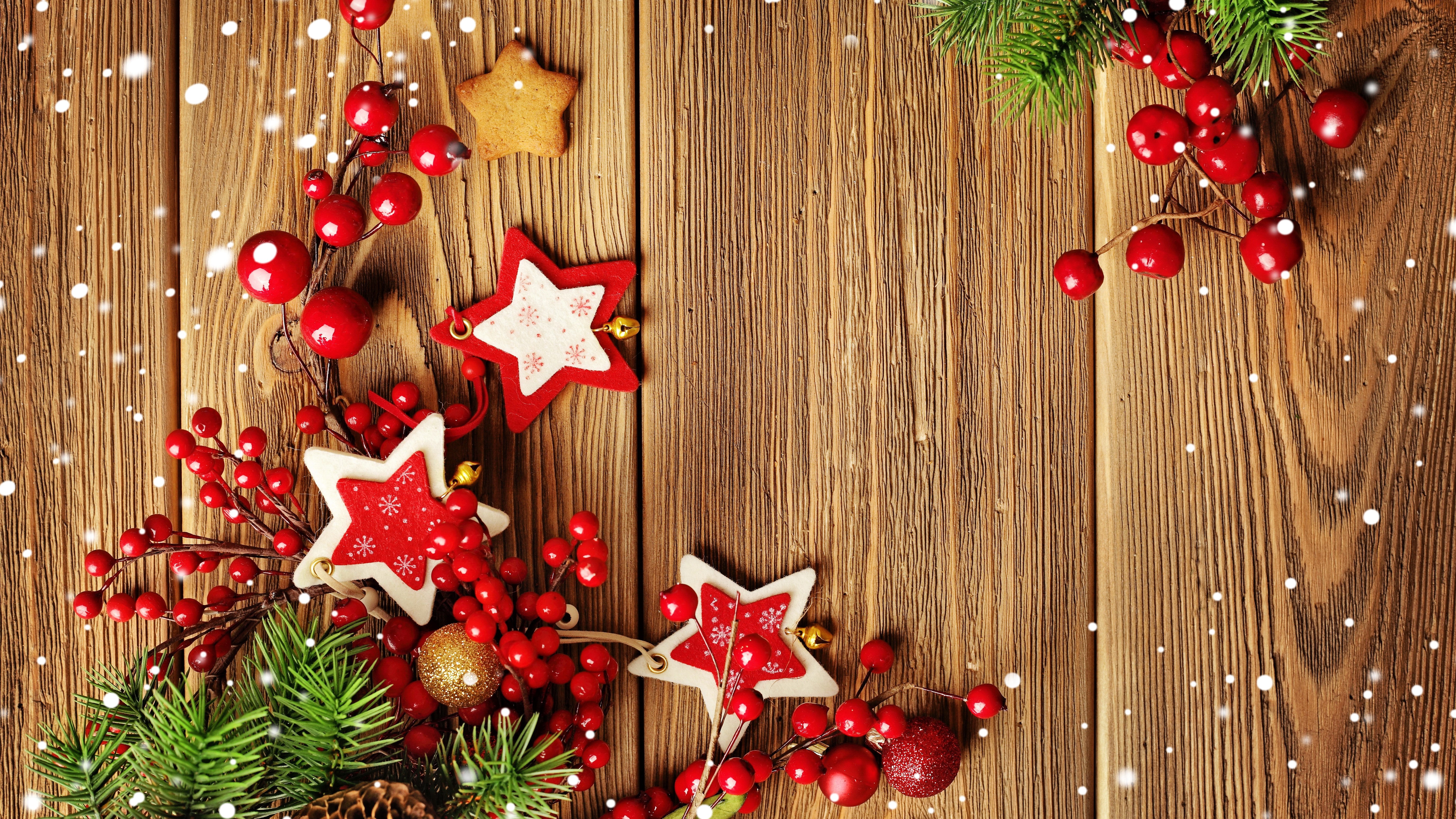 Christmas Decorations on Wooden Background HD Wallpaper