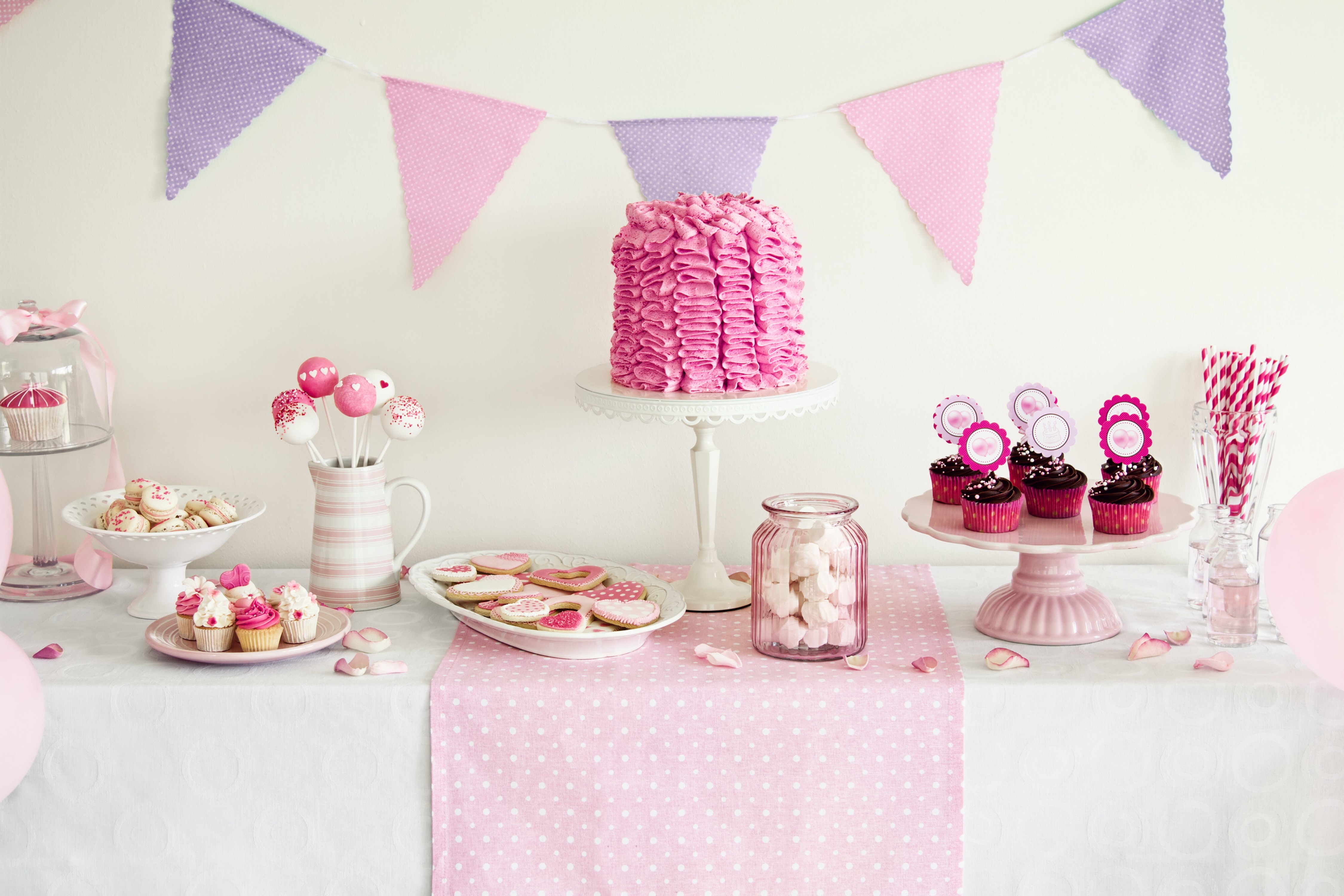 Pink and purple party dessert table with cake and cupcakes HD Wallpaper